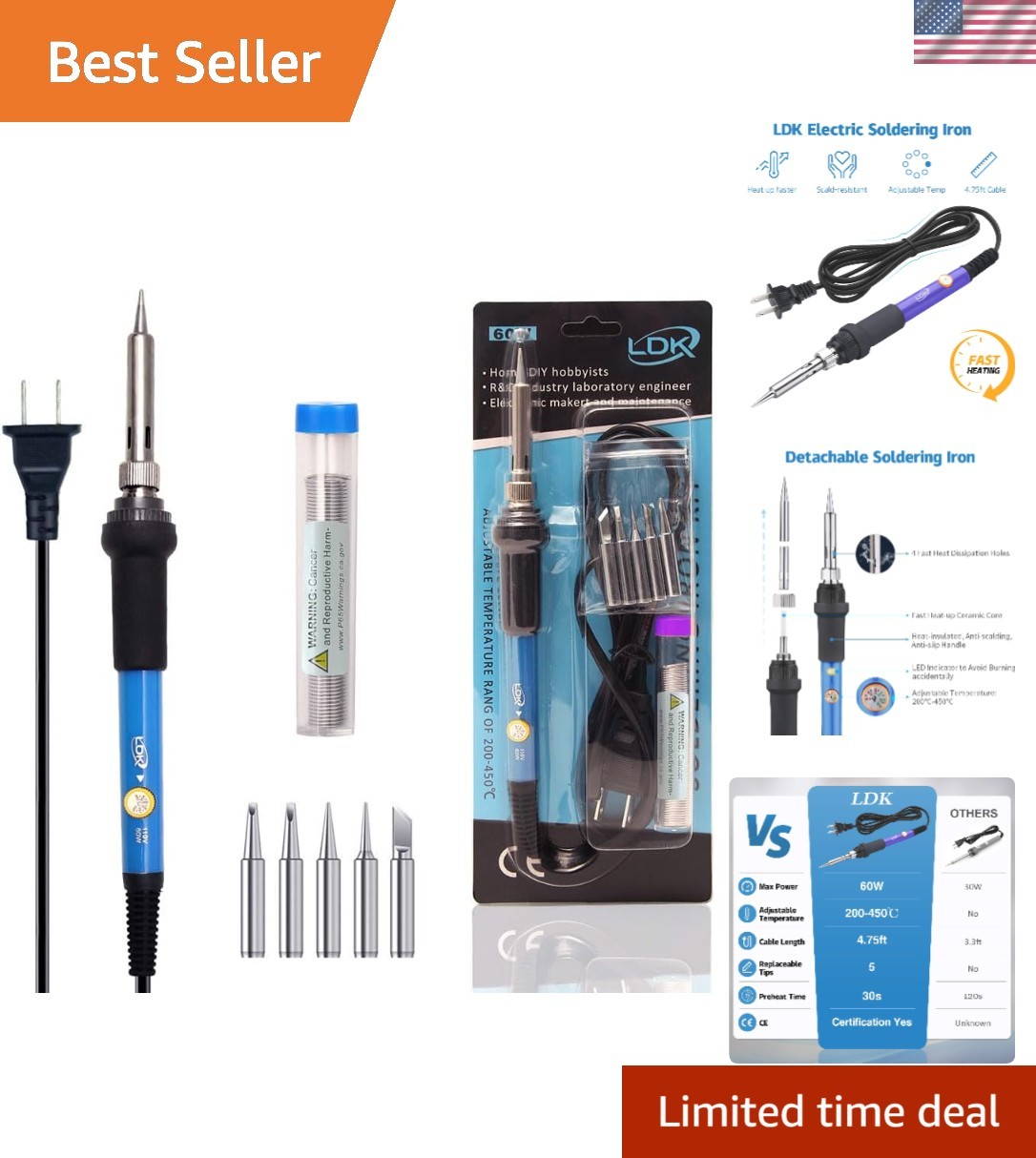 60W Adjustable Temperature Soldering Iron Kit with 5 Tips for Easy DIY Repairs