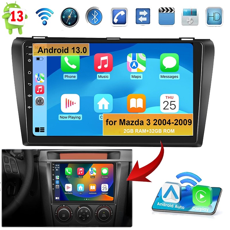 for Mazda 3 2004-2009 9" Car Stereo Video GPS Android 13.0 Bluetooth WiFi 2+32GB