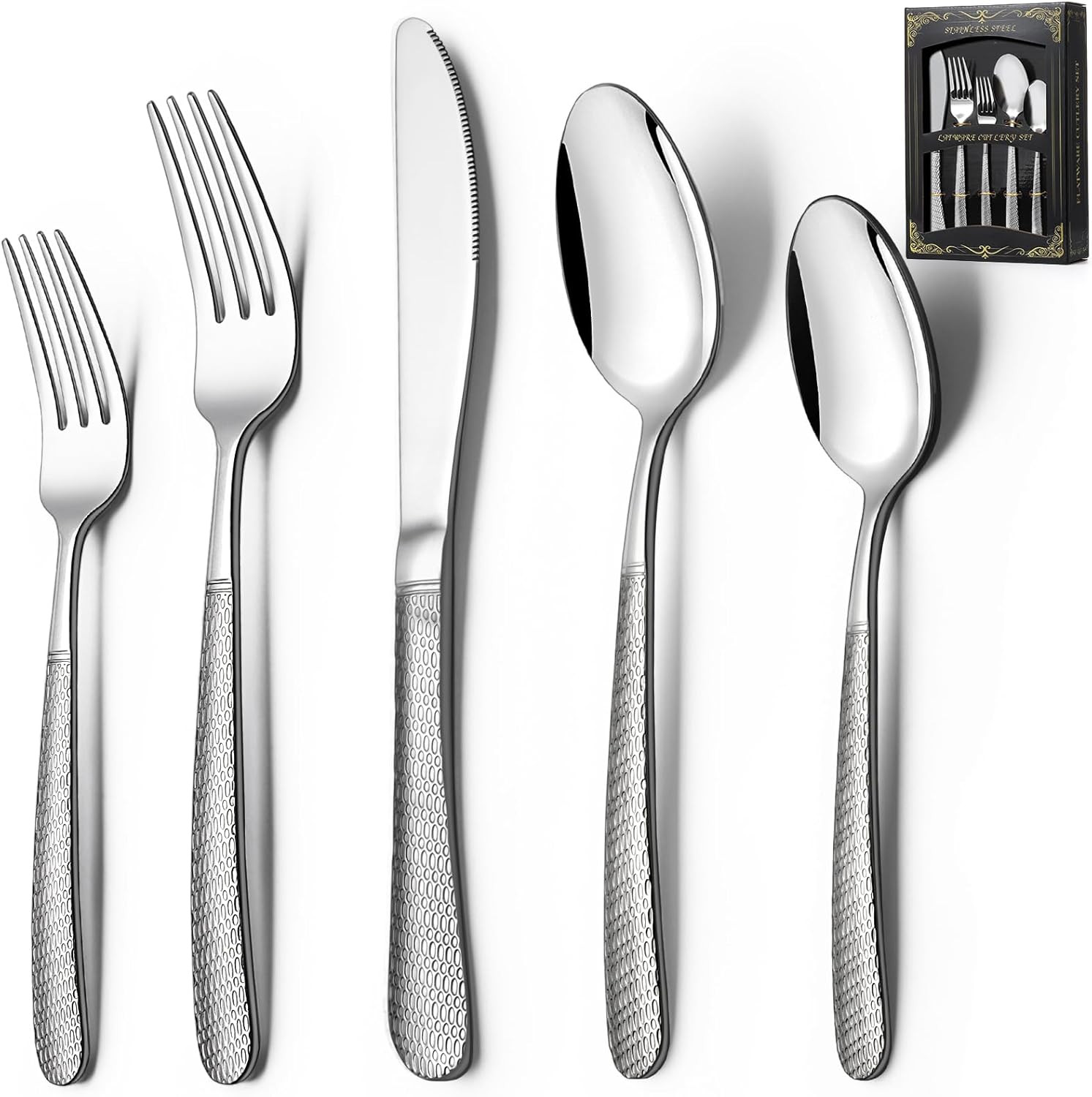 40-Piece Hammered Silverware Set,  Stainless Steel Heavy Duty Flatware Set for 8