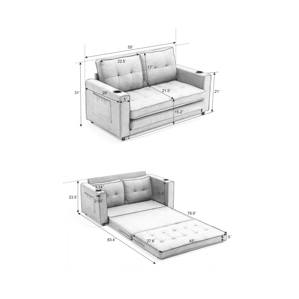55" 3-Fold Dark Gray Convertible Futon Sleeper Sofa – Velvet Linen Fabric
