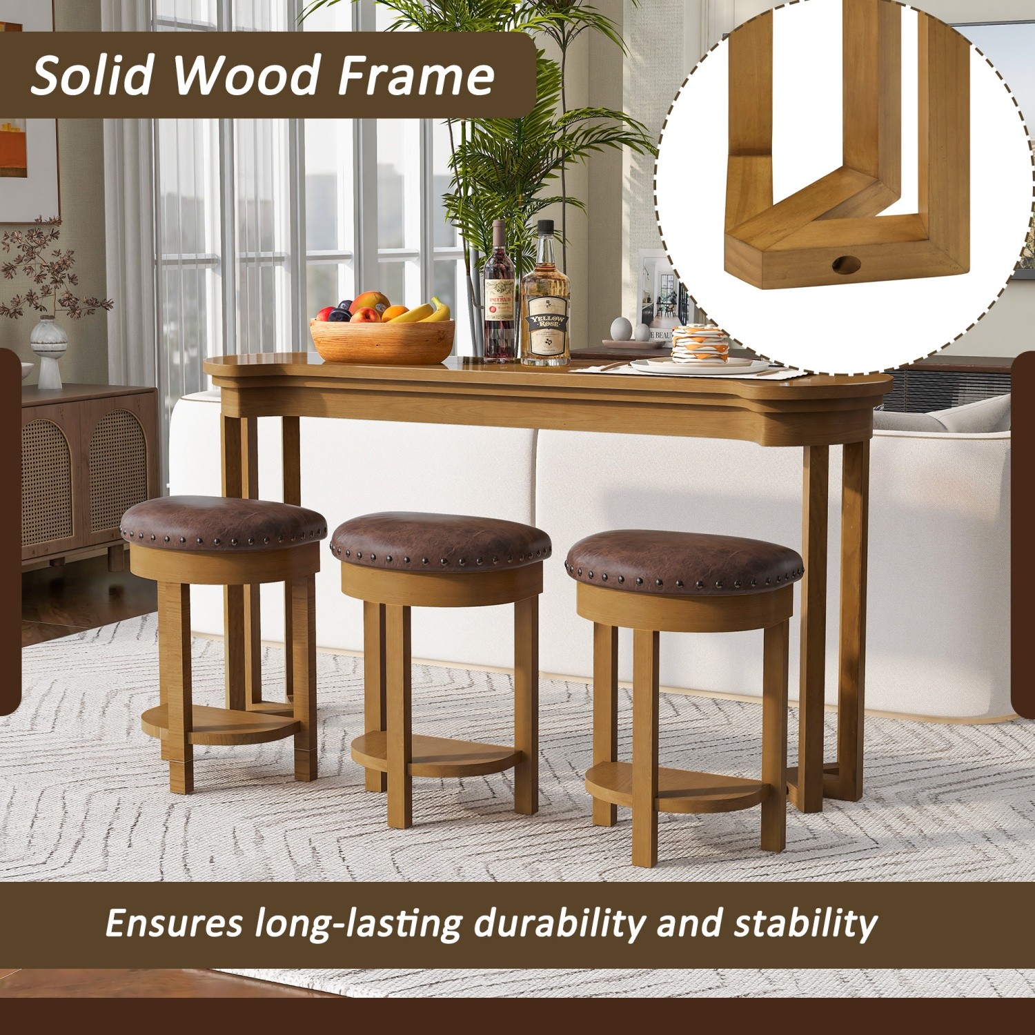 4 Piece Kitc/hen Counter Height Bar Table Set with 3 PU Padded Solid Wood Stool