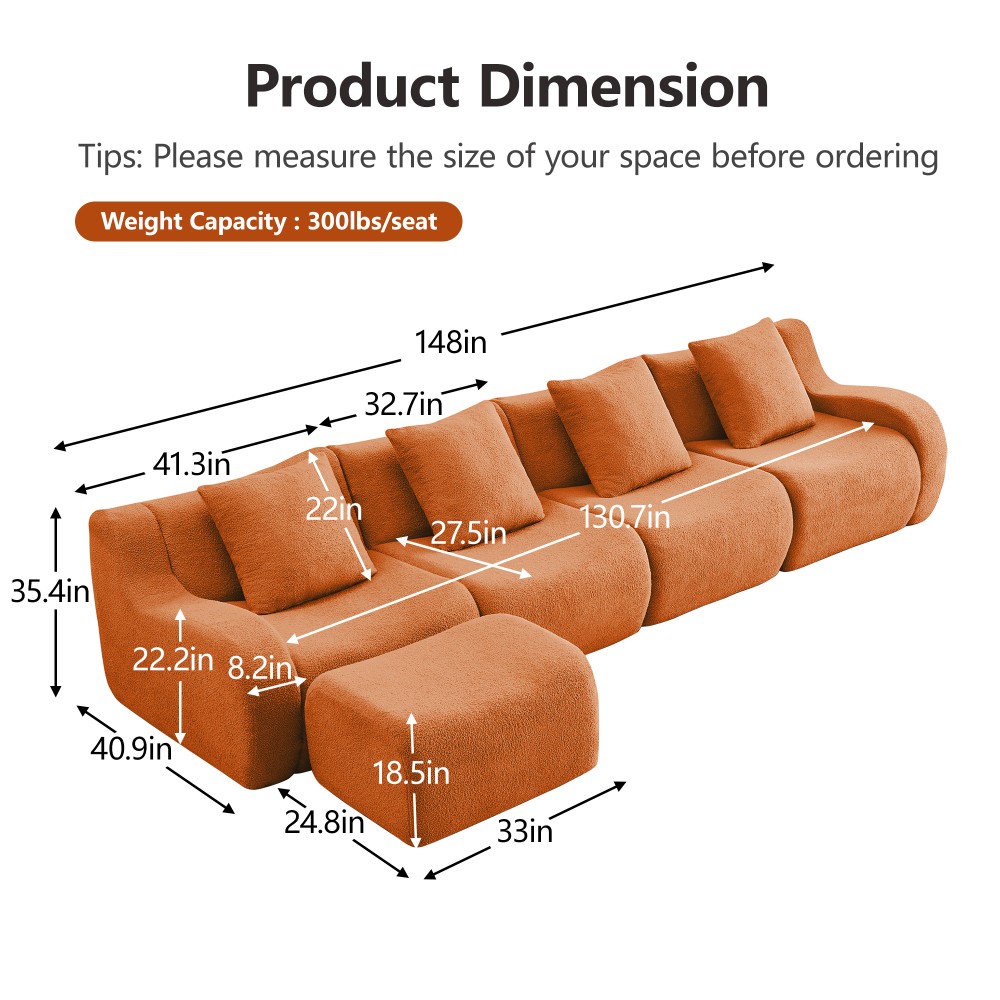 L-Shaped Teddy Fabric 4-Seat Sofa w/ Curved Armrest & Anti-Slip Design, Orange