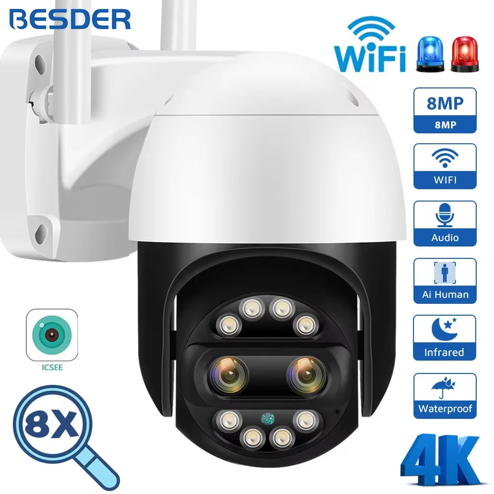 8MP PTZ WiFi Camera Dual Lens Night Vision Human Detection 8X Digital Zoom CCTV