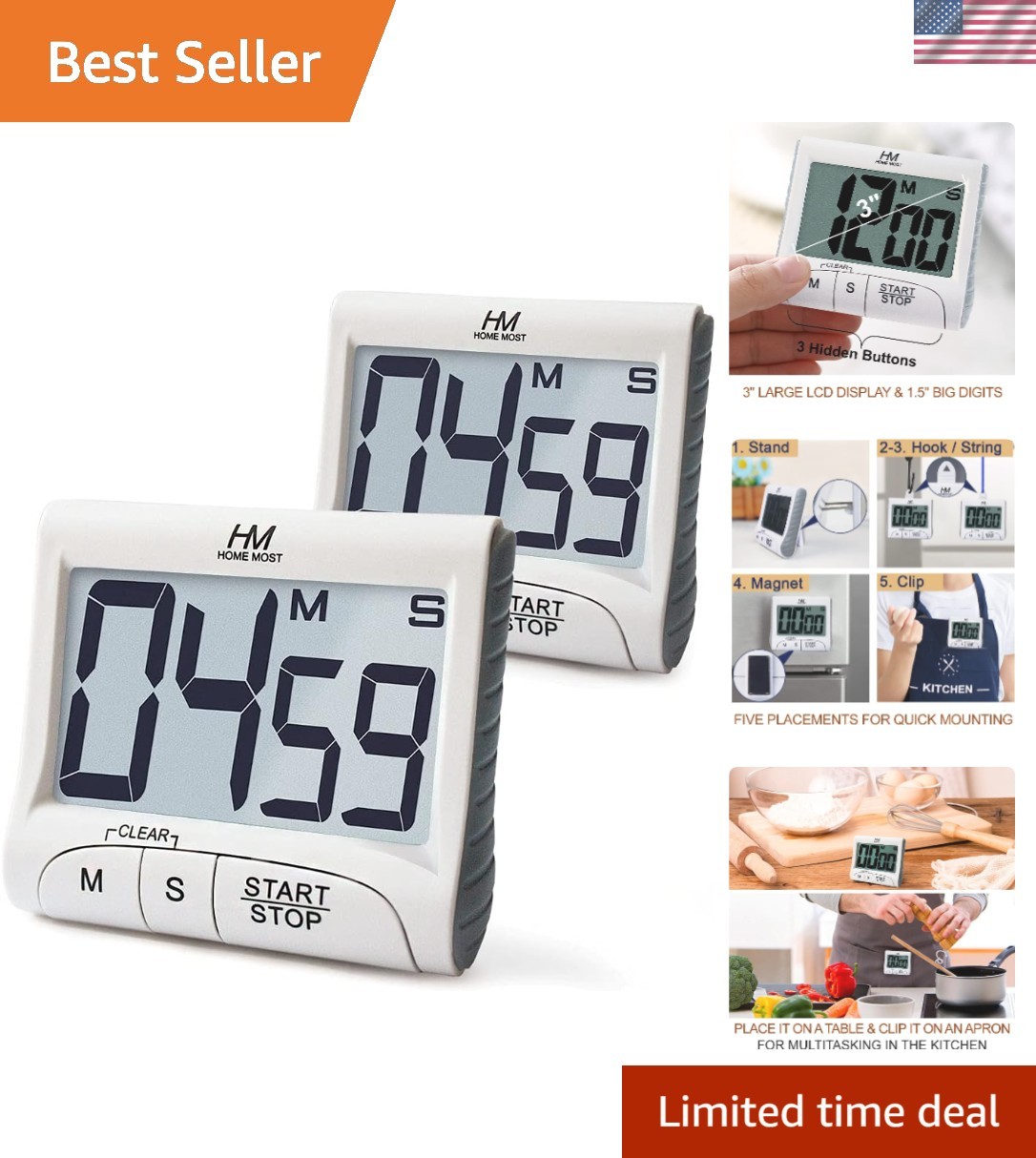 2-Pack Large Display Kitchen Timer - 3" Digital Timer Magnetic Back Loud Alar...