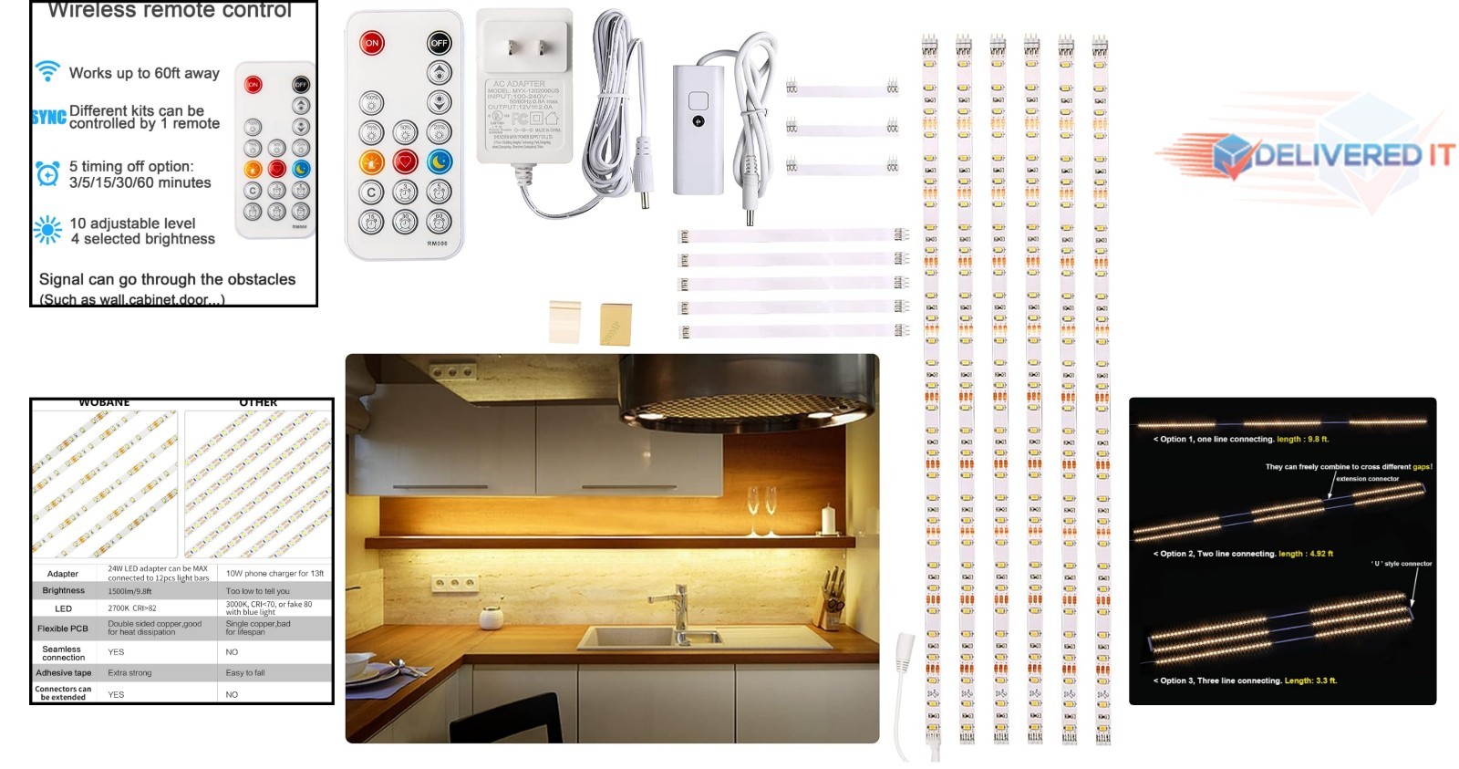 Under Cabinet LED Lighting Kit 6 PCS Dimmable Warm White Remote Control 24W