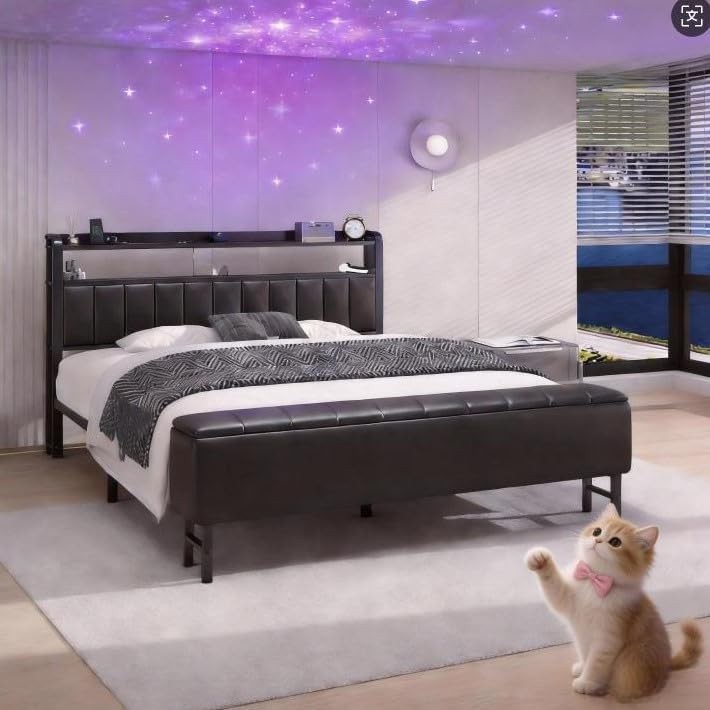 Queen Size Bed Frame with Star Projector & Charging Station, PU Leather