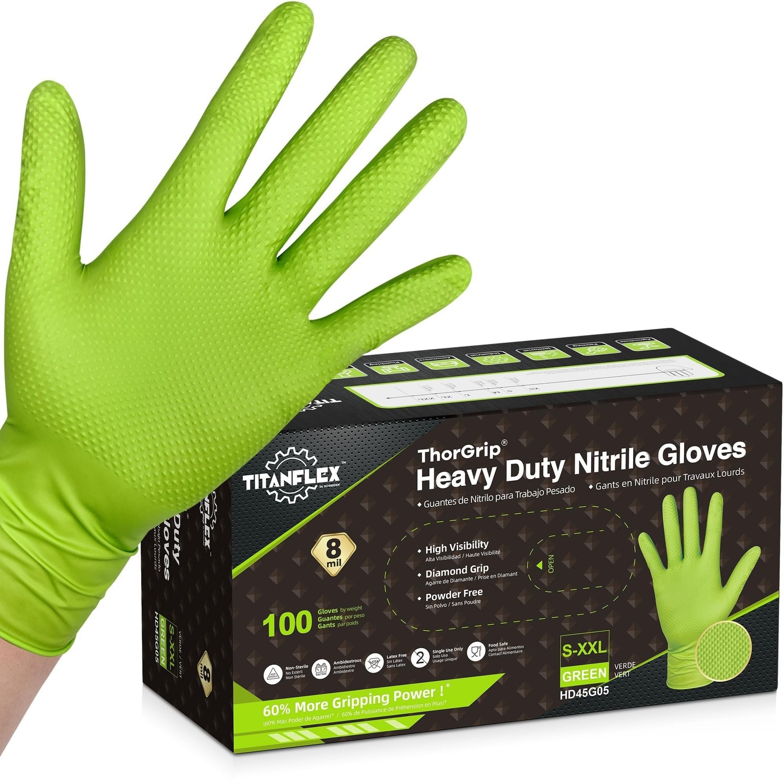 Heavy Duty Industrial Nitrile Gloves with Raised Diamond Texture, 8-mil, Late...