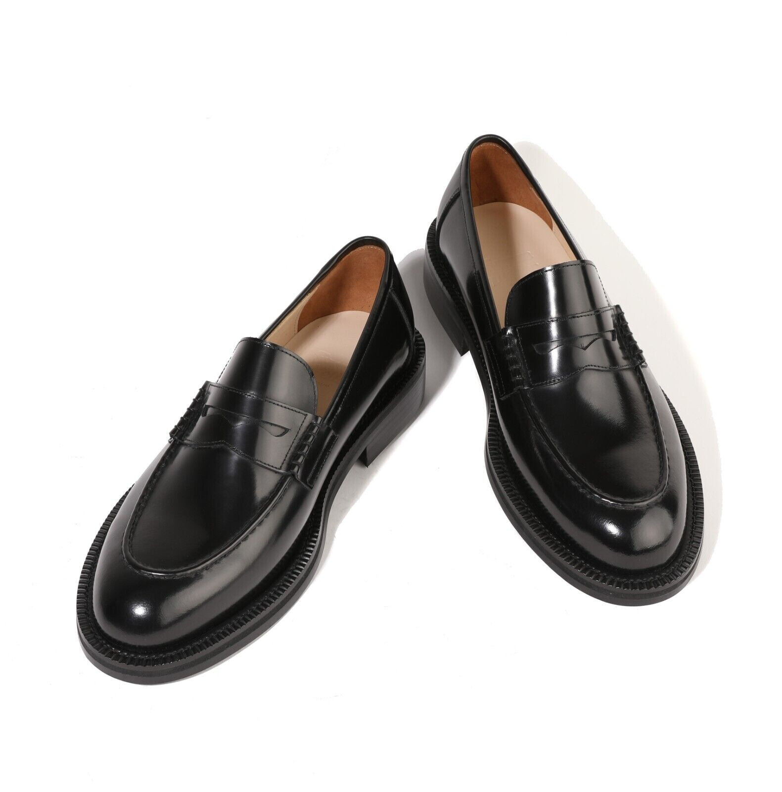 Handmade Polished Black Leather Shoes Men Apron Toe Penny Loafers Slip-Ons