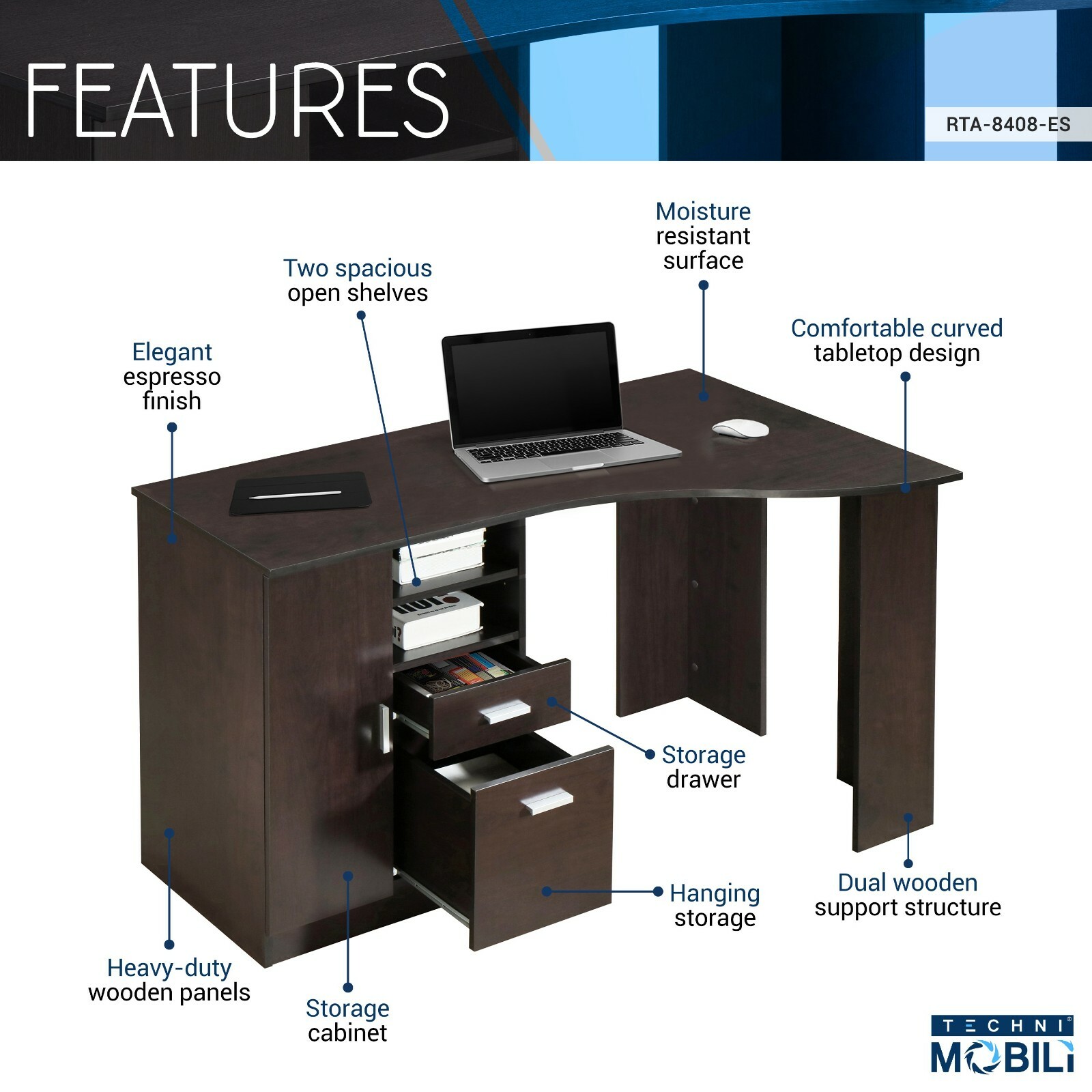 Techni Mobili Classic Office Desk Computer Workstation with Multiple Storages
