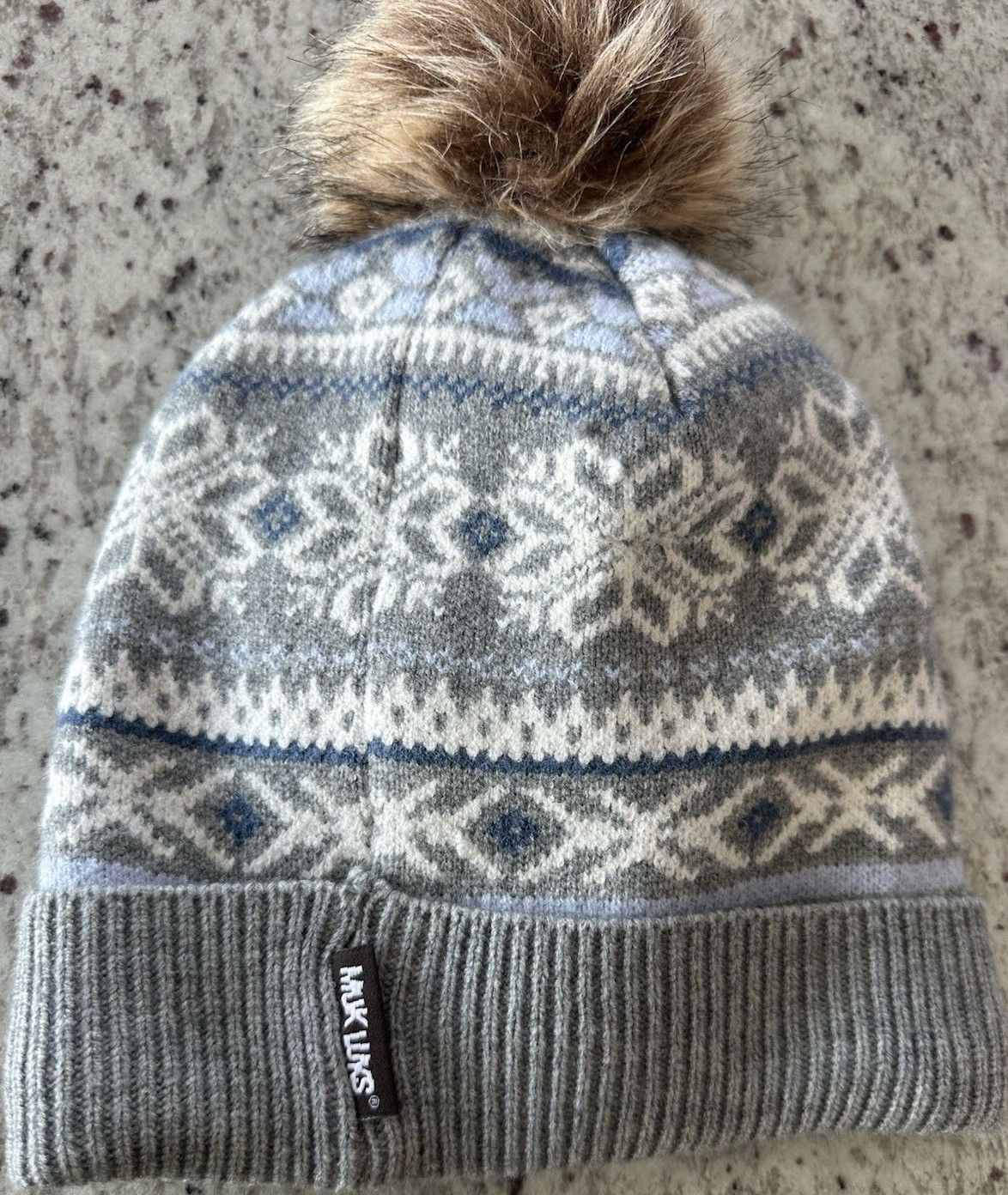 Mukluks Gray Blue White Fair Isle Knit Beanie Hat Faux Fur Pom Fleece Lined