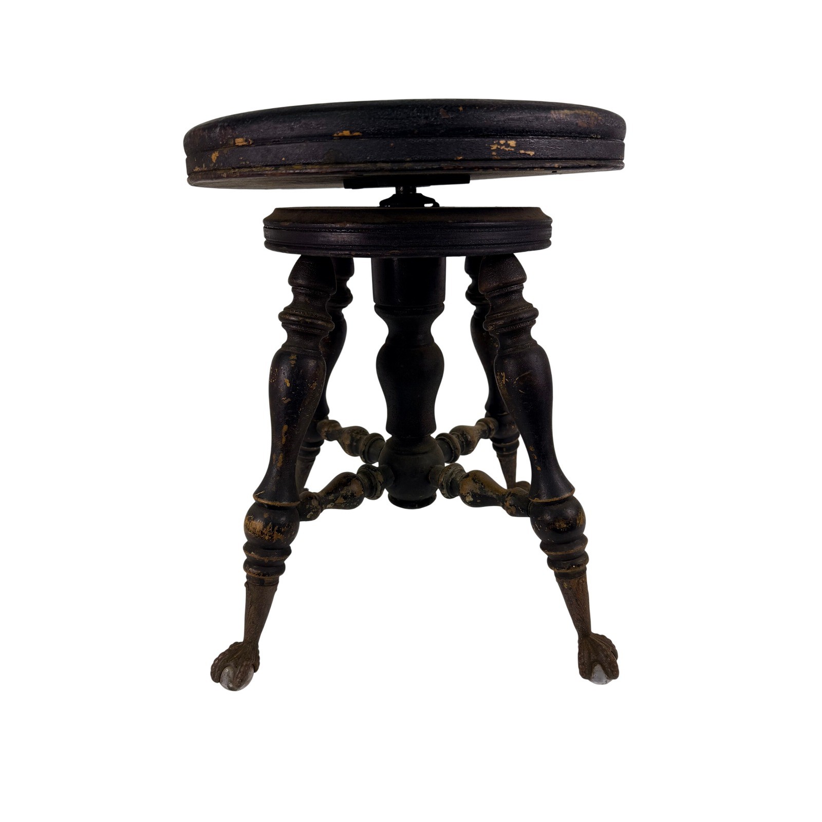 Antique Victorian Adjustable Piano Stool Claw Glass Ball Feet Wood Round Seat