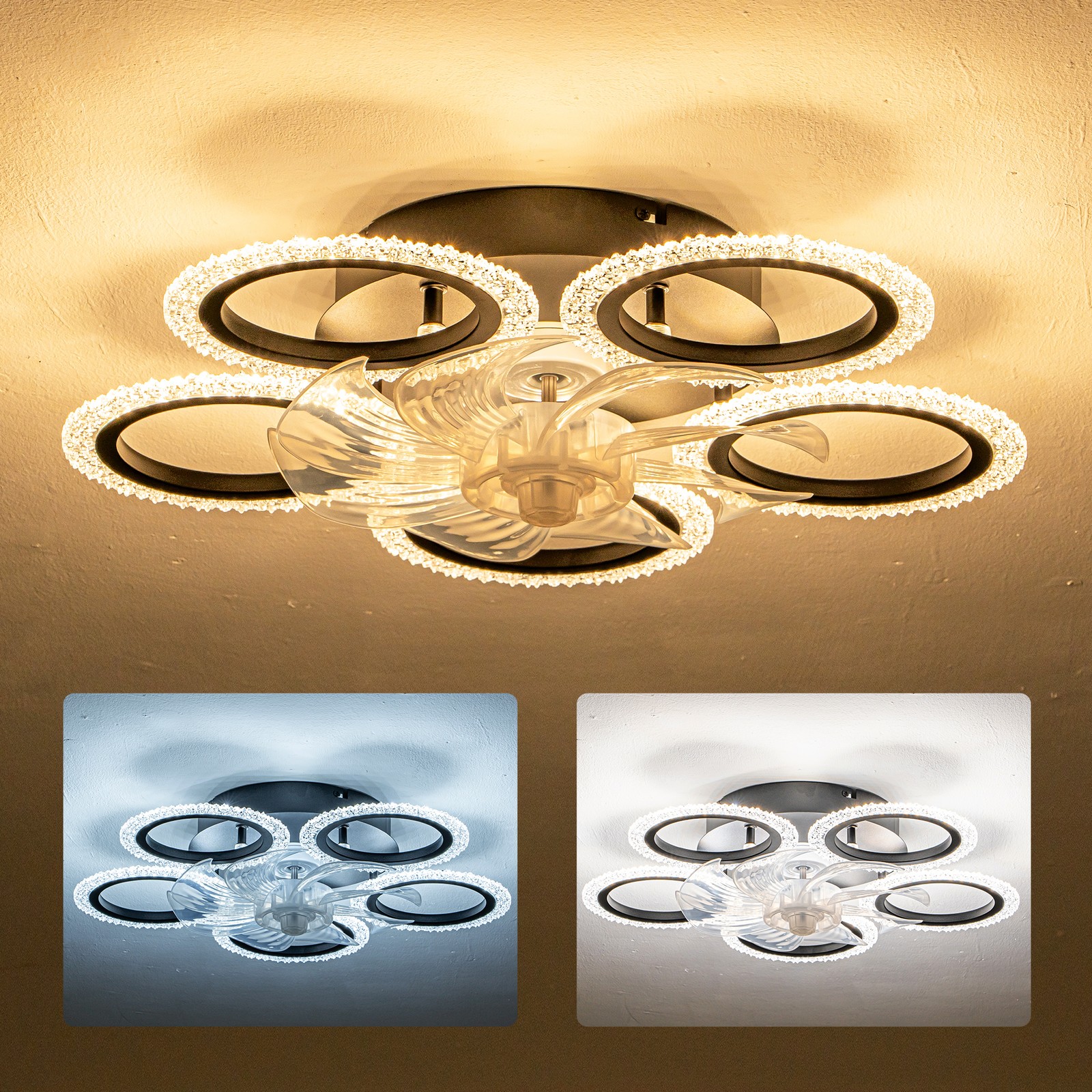 20''Modern Ceiling Fan Lights Remote Control.Black,6 Speeds 3 Light Color Low