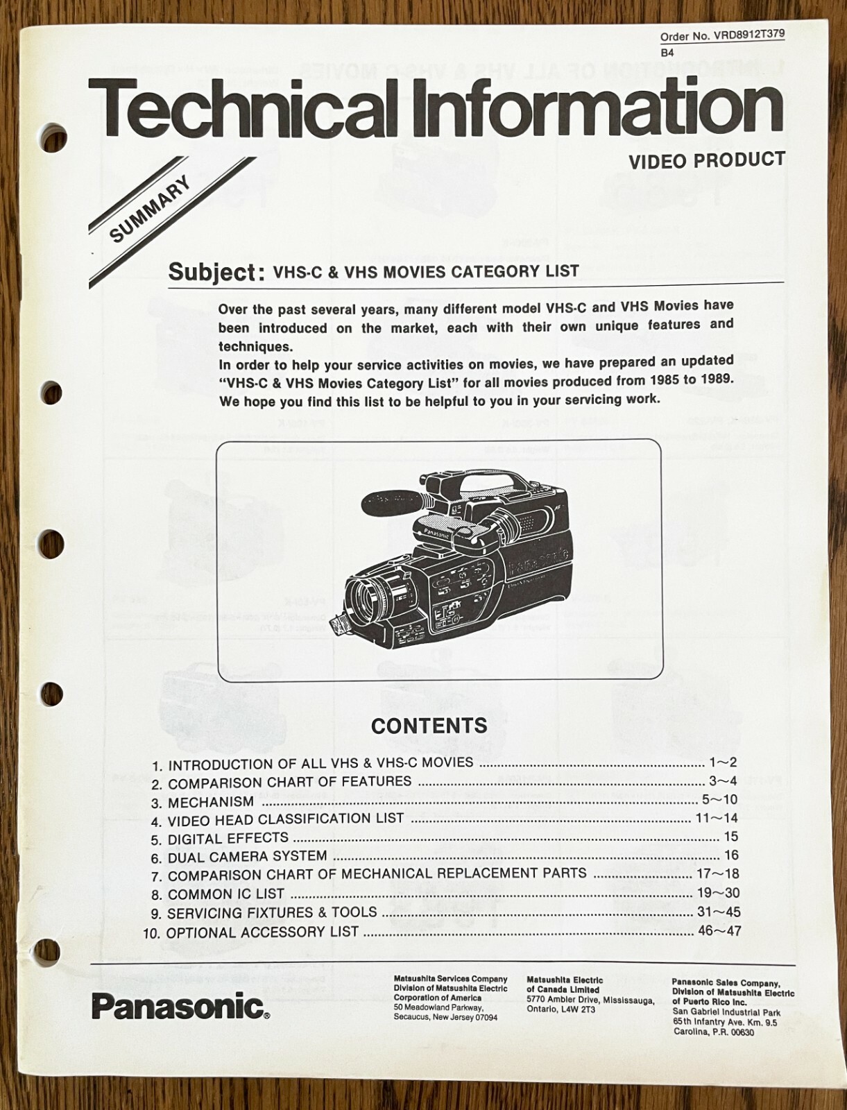 Panasonic vintage camcorders 1985-1989 Factory Reference info, comparison charts