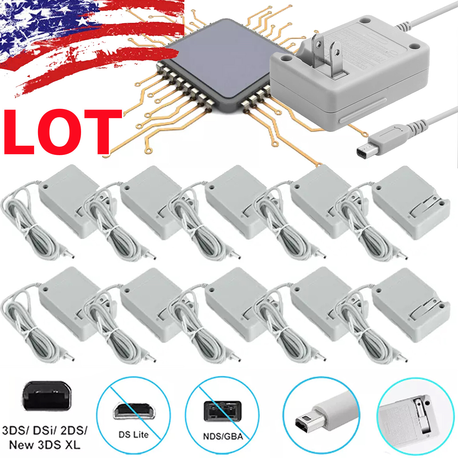 AC Adapter Home Wall Charger Cable for Nintendo DSi/ 2DS/ 3DS/ DSi XL System Lot