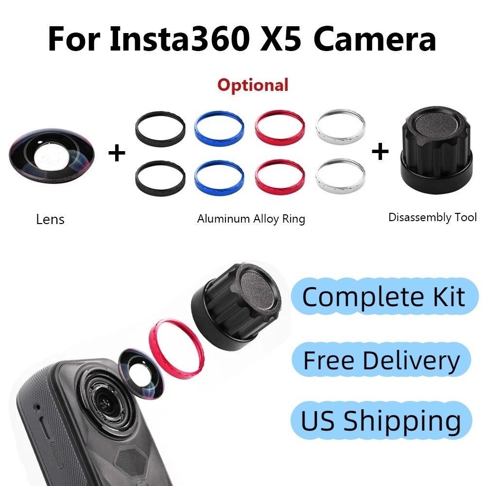 For Insta360 X5 Camera Replacement Camera Lens with Aluminum O Circle Ring Kit