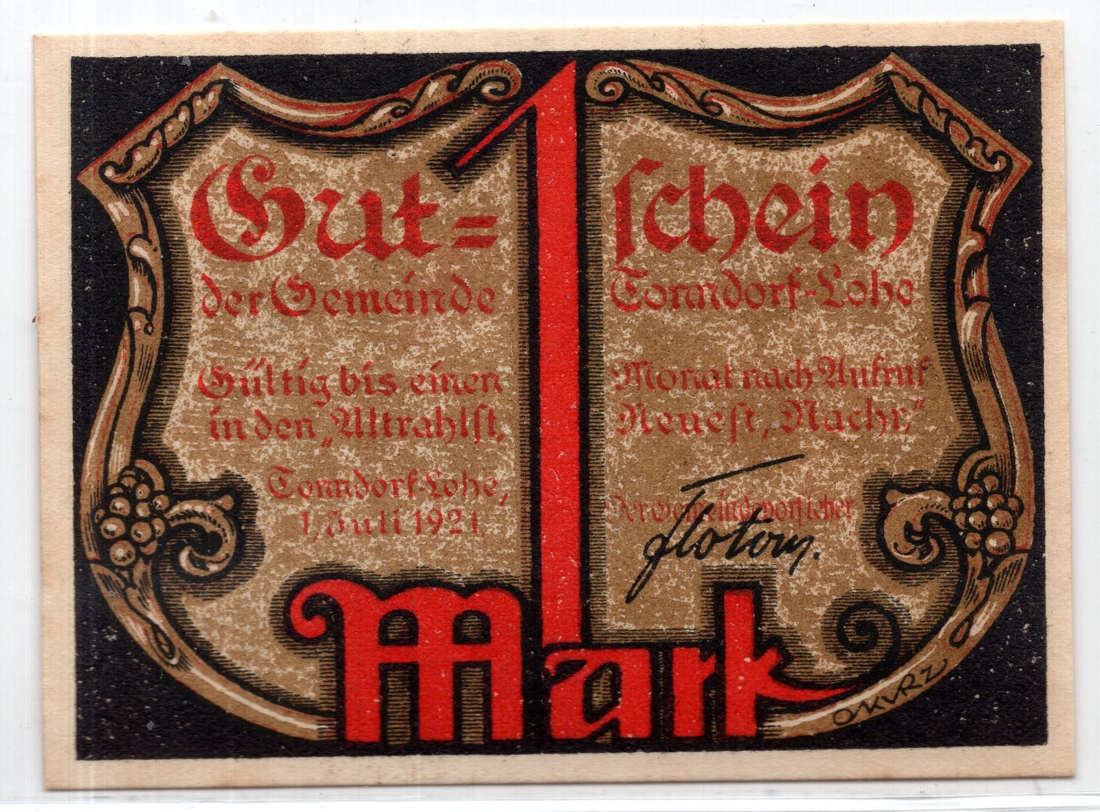 1921 Germany Tonndorf-Lohe Notgeld 1 Mark Note (3690)
