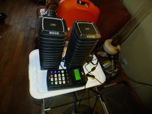 LRS TX7471 TRANSMITTER & 28 LRS RXCS7 COASTER PAGERS, 2 CHARGING BASES