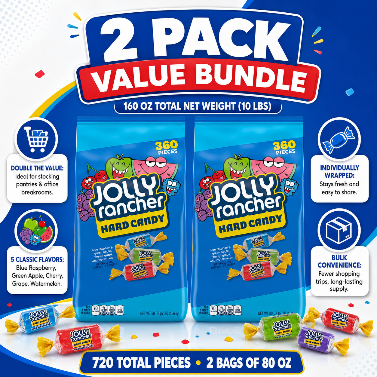 2 Pack Jolly Rancher Hard Candy, Variety Pack, 80 oz, 360-count