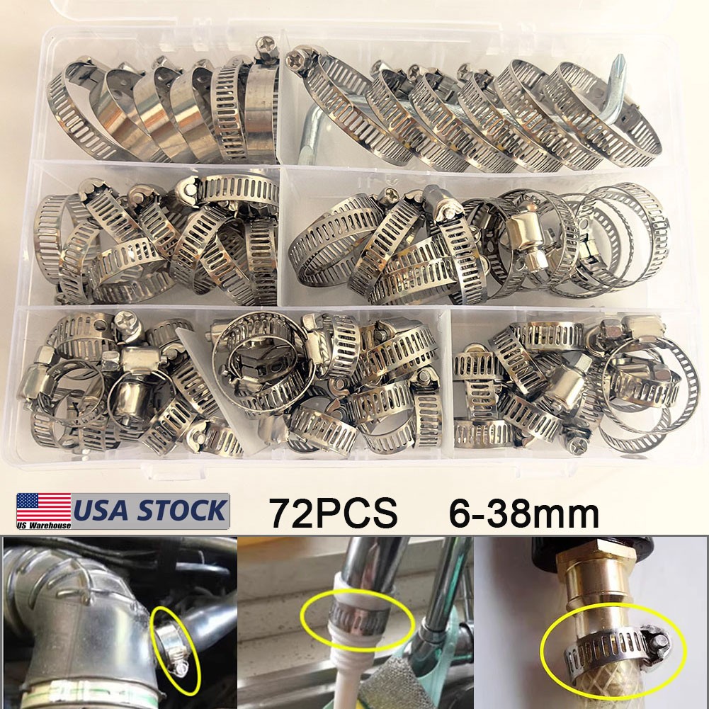 72X Stainless Steel Hose Clamps Assortment Kit Automotive Hose Connections 6-38