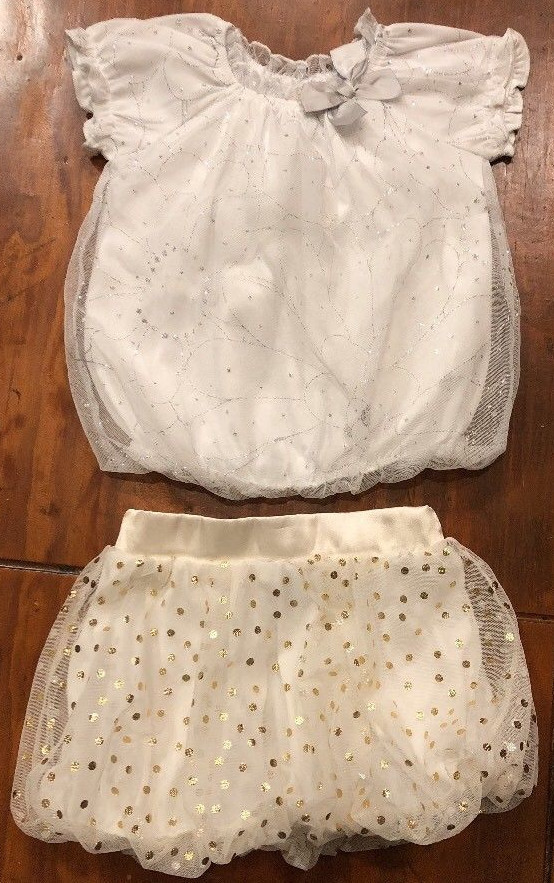 2 Piece Dressy Healthtex 24 month Girls White/ Silver Top & Cream / Gold Skirt