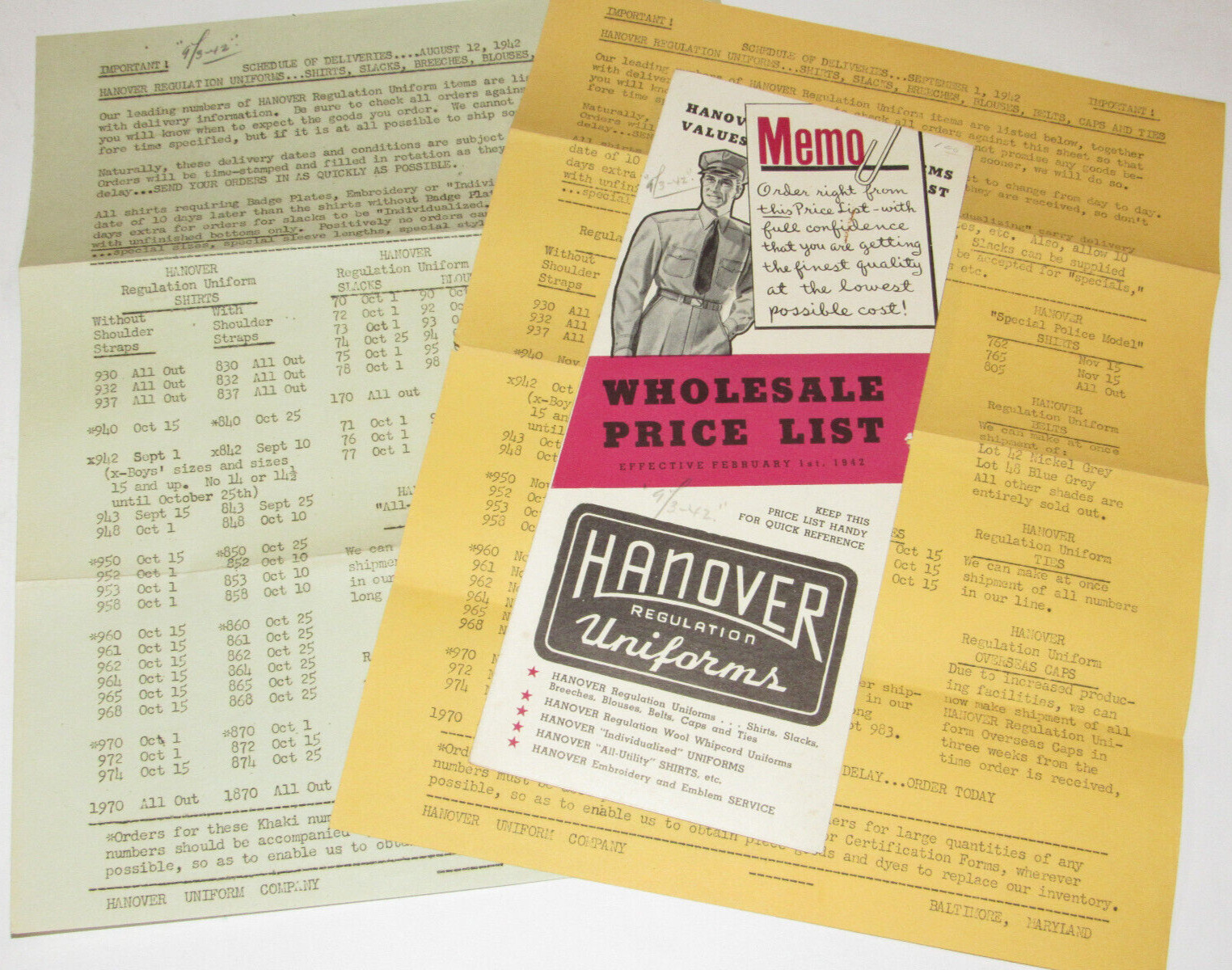 VTG 1942 US ARMY WWII REGULATION UNIFORMS WHOLESALE BROCHURE & PRICES/SHIRTS/CAP