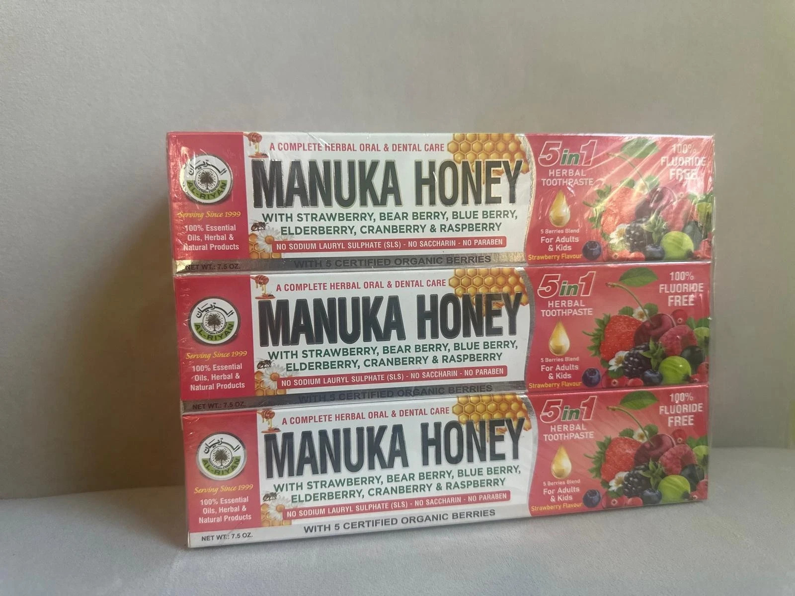Manuka Honey Herbal Toothpaste 5-in-1 Fluoride Free Berry Flavor 7.5oz 3 packs