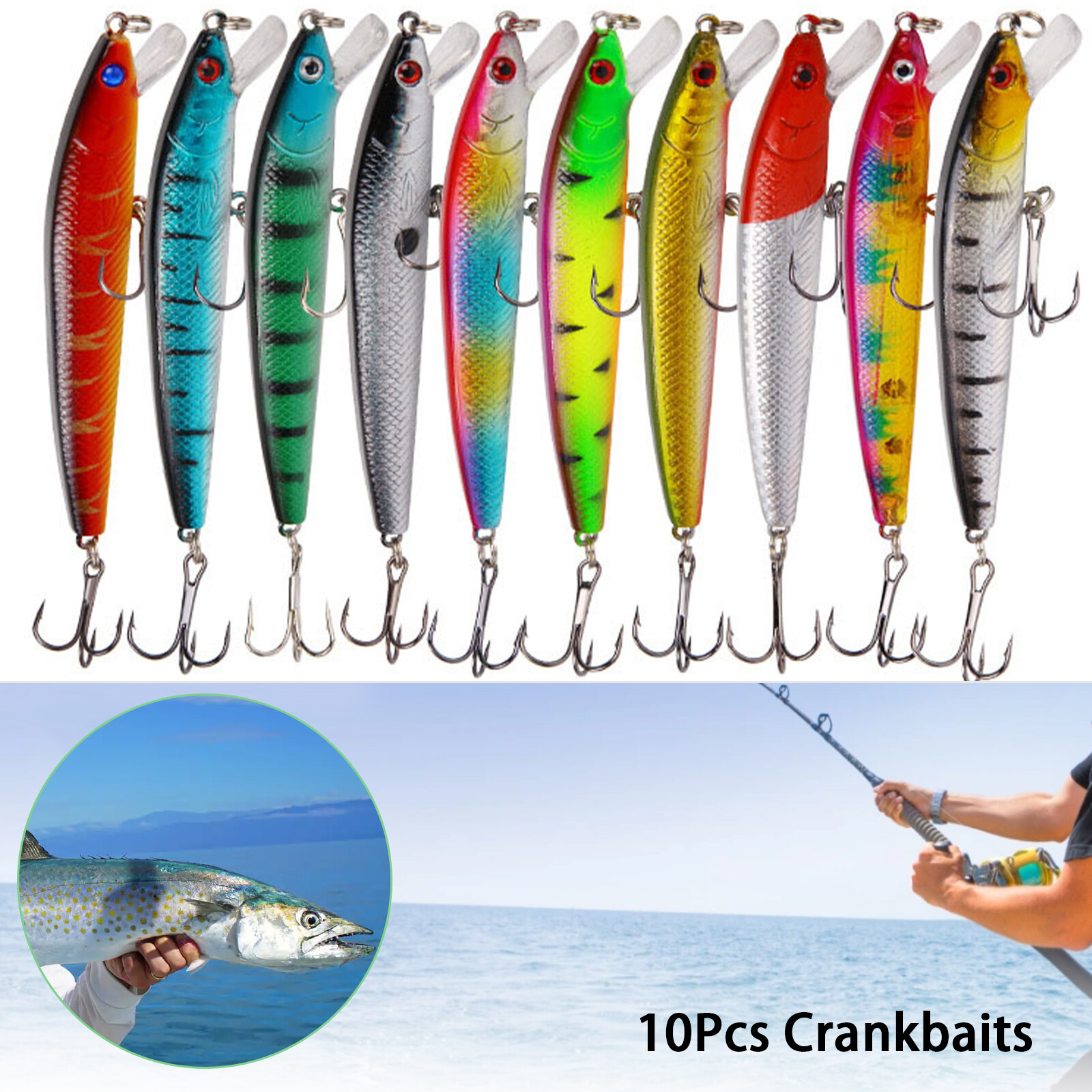 10 PCS Fishing Lures Minnow Baits Crankbaits Lot Hooks Baits Bass Tackle