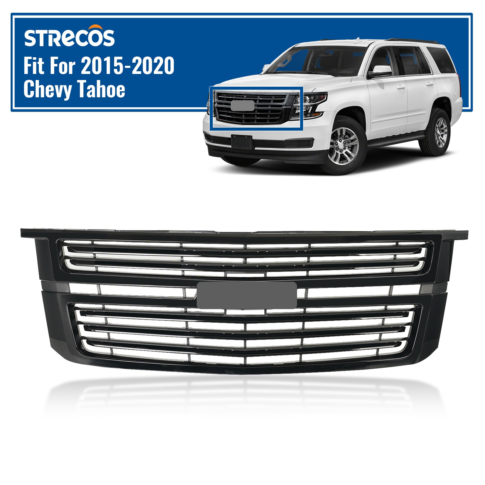 Front Upper Grille Assembly For 2015-2020 Chevrolet Tahoe Gloss Black