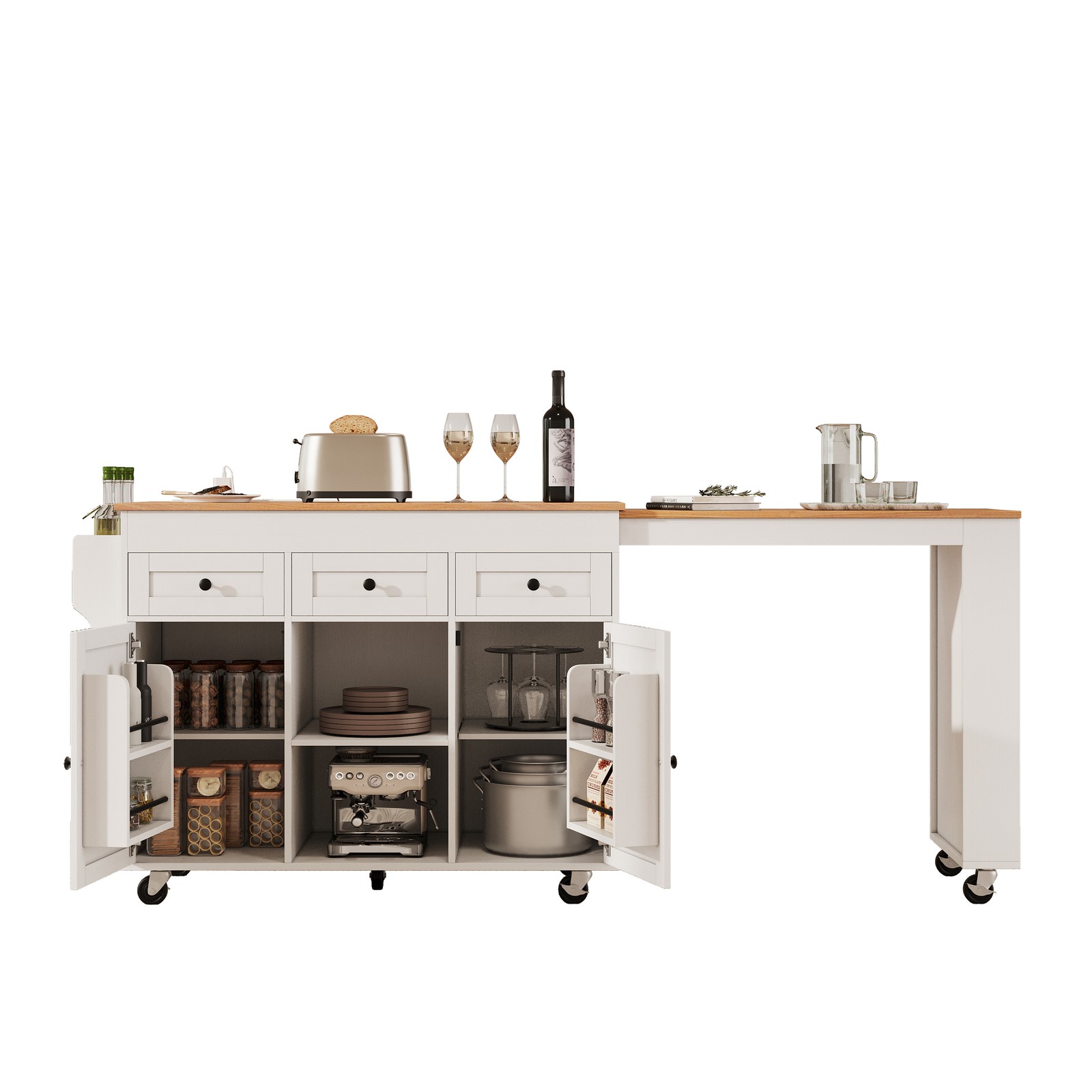 White Kitchen Island with Extendable Dining Table, 3 Drawers, 2 Doors, 85.5"