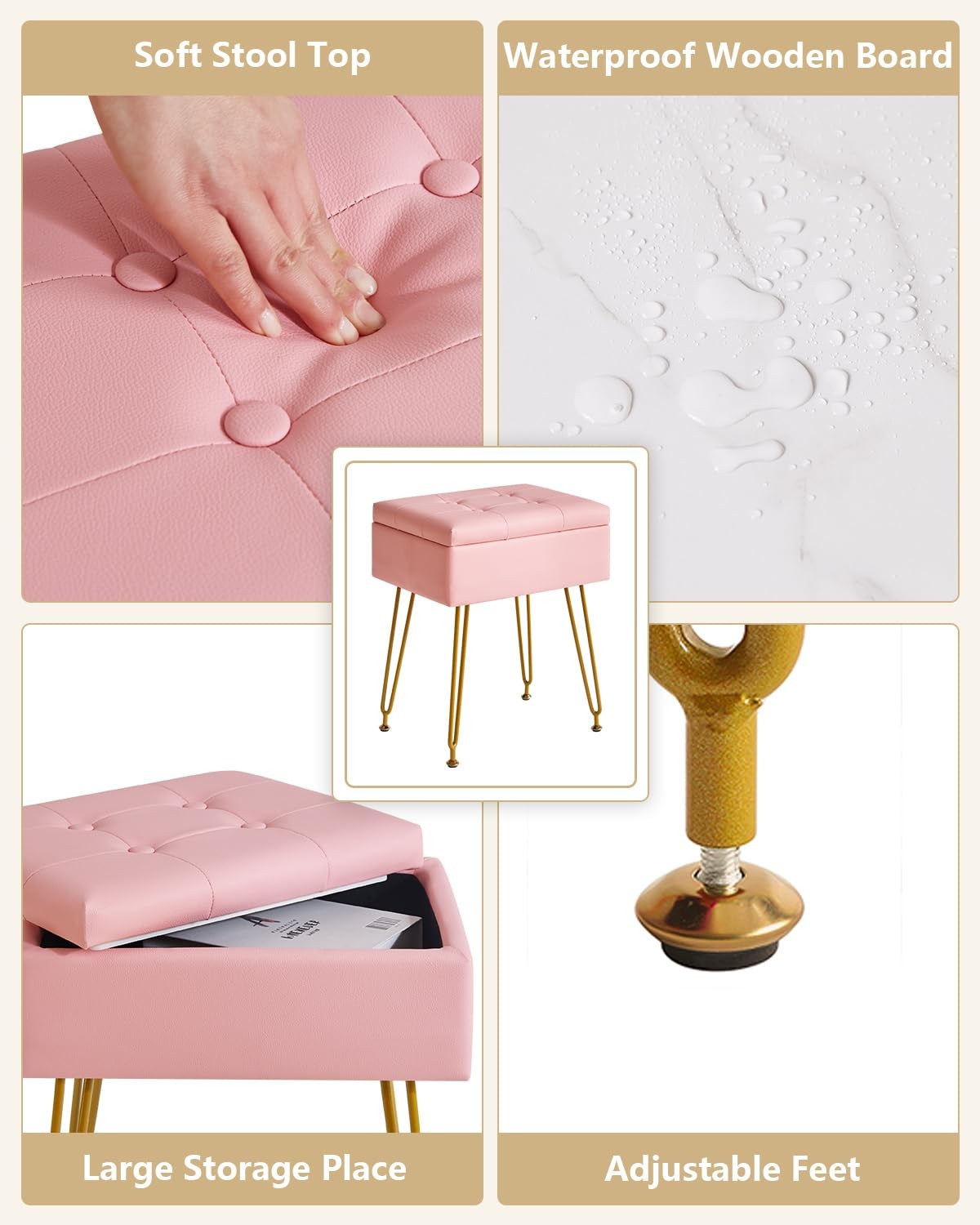 Multifunctional Storage Vanity Stool with Flip Tabletop, Adjustable Metal Leg...