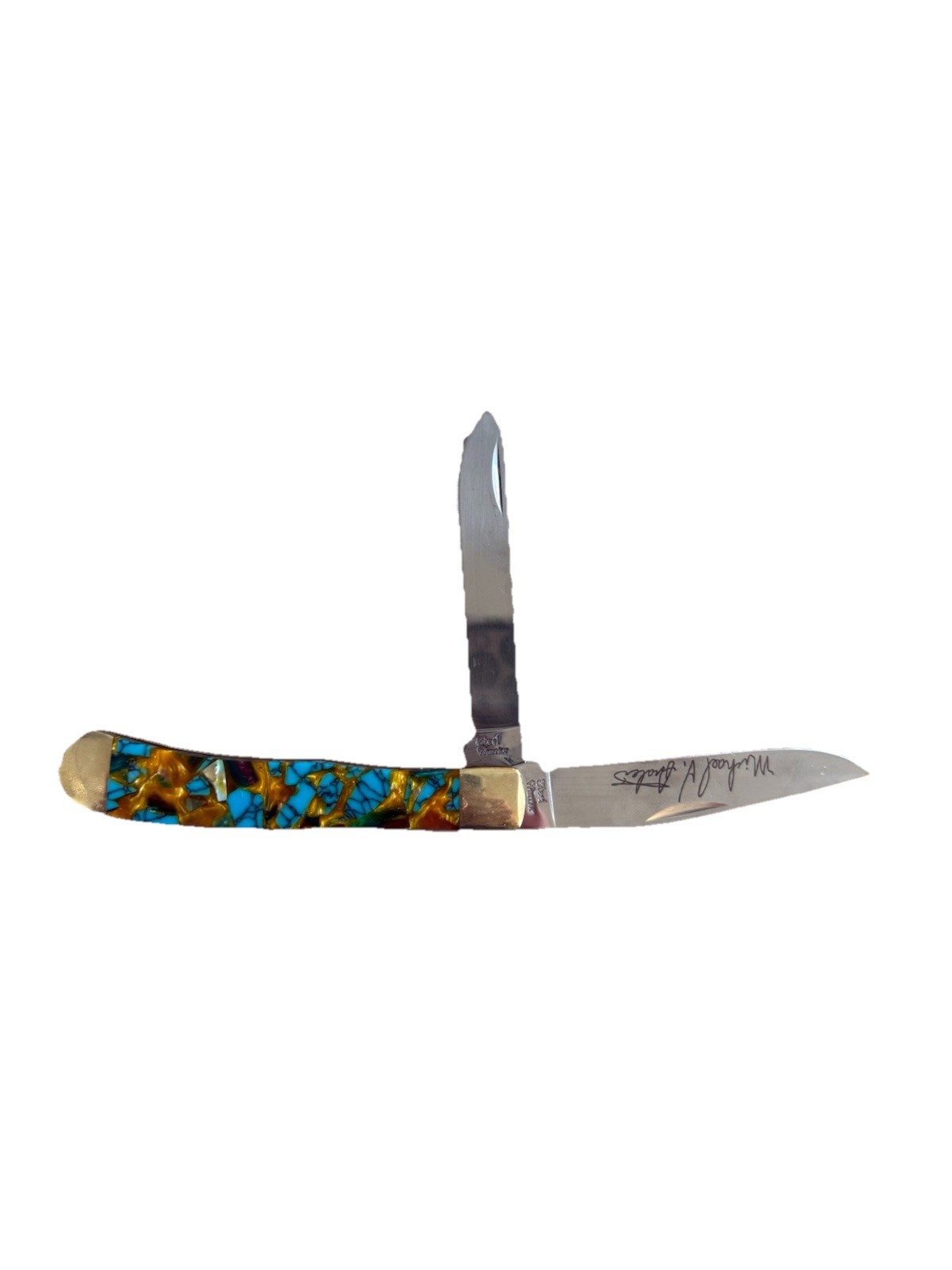 M. PRATER & STEEL WARRIOR 4" TRAPPER MODEL SW-108/TWC CRUSHED TURQ. BLADES 440SS