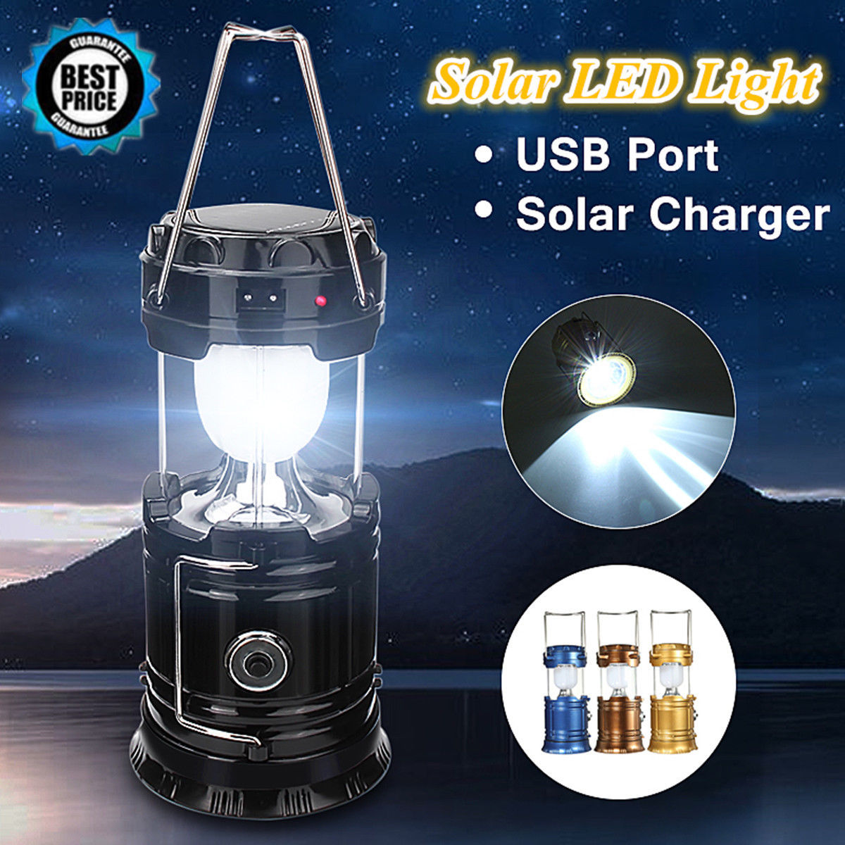 Solar Camping Tent Light Rechargeable LED Flashlight Power Torch Lantern Lamp US