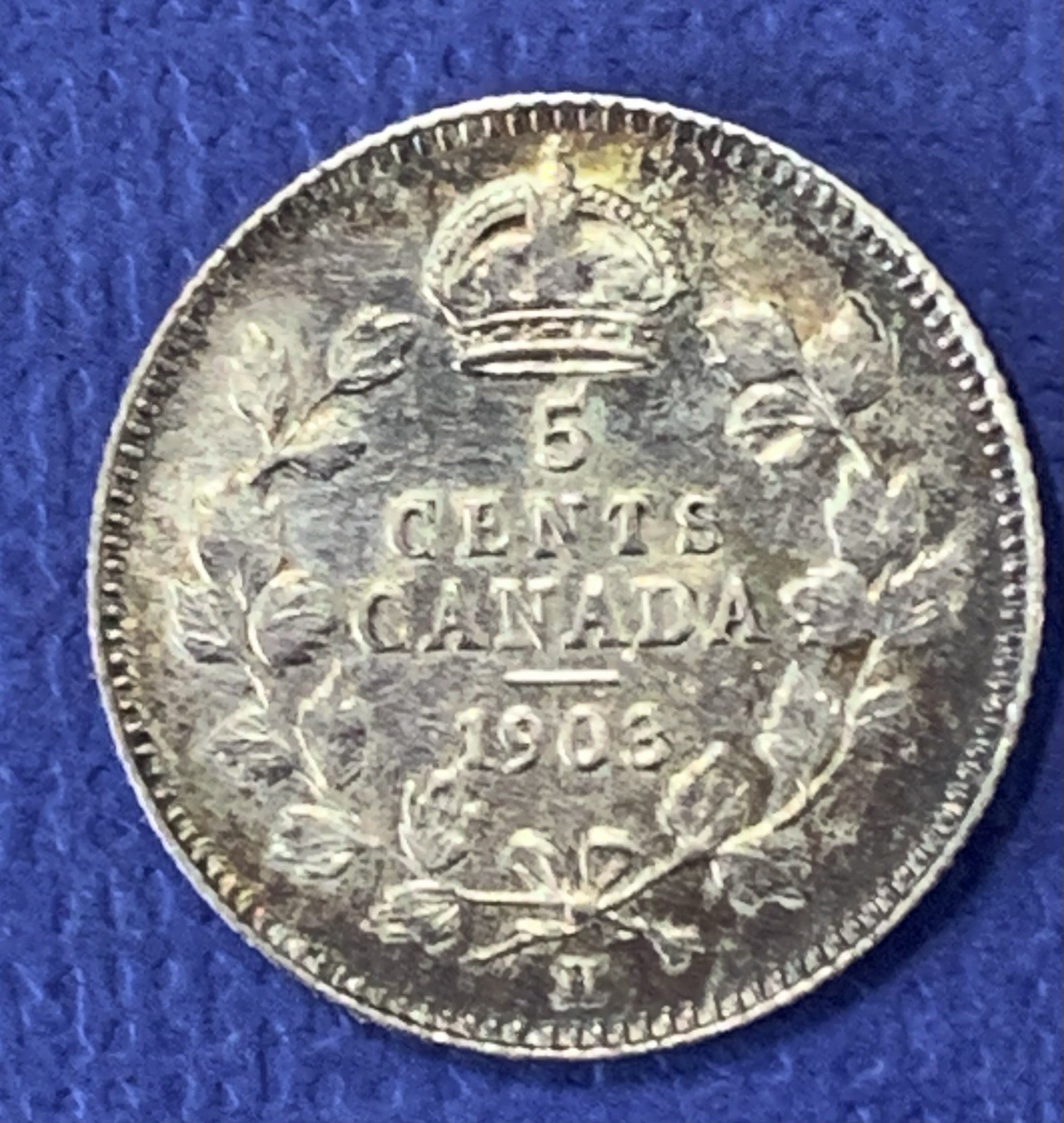 Canada 1903-H 5 Cents, (Small H) Silver 92.5%, EF+/AU