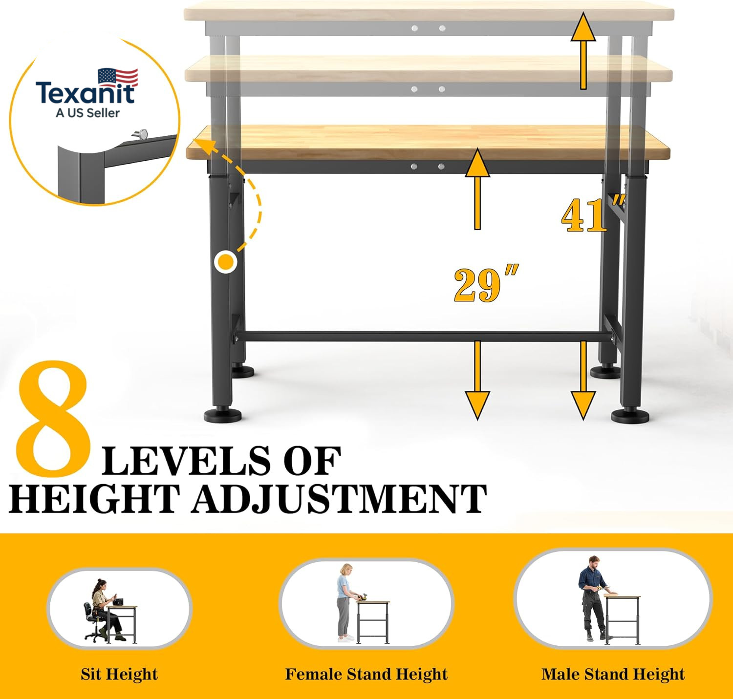 Workbench for Garage, 47.5" Adjustable Height Work Table, Heavy Duty Rubber Wood