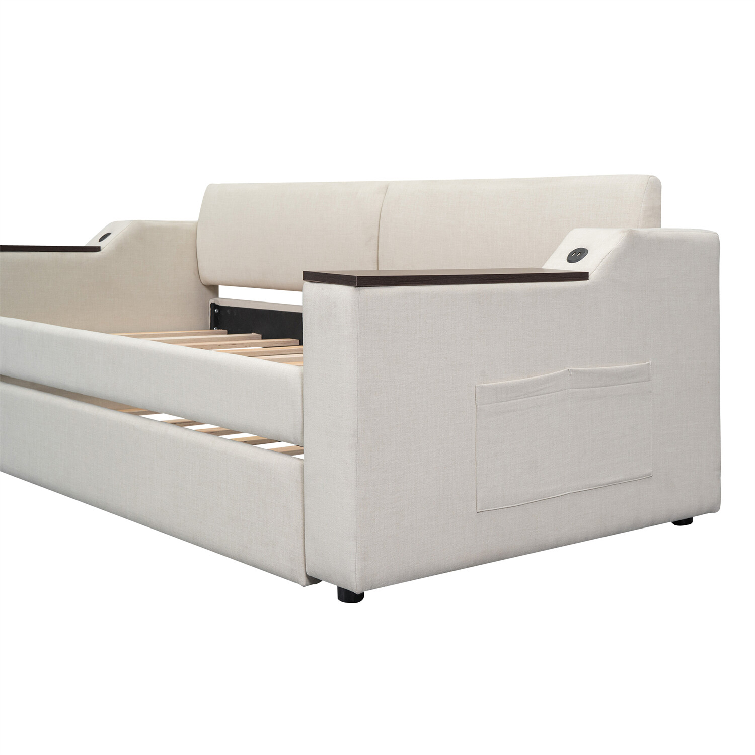 Twin Size Daybed Upholstered Bed Frame Sofa Bed with Trundle Bed Beige