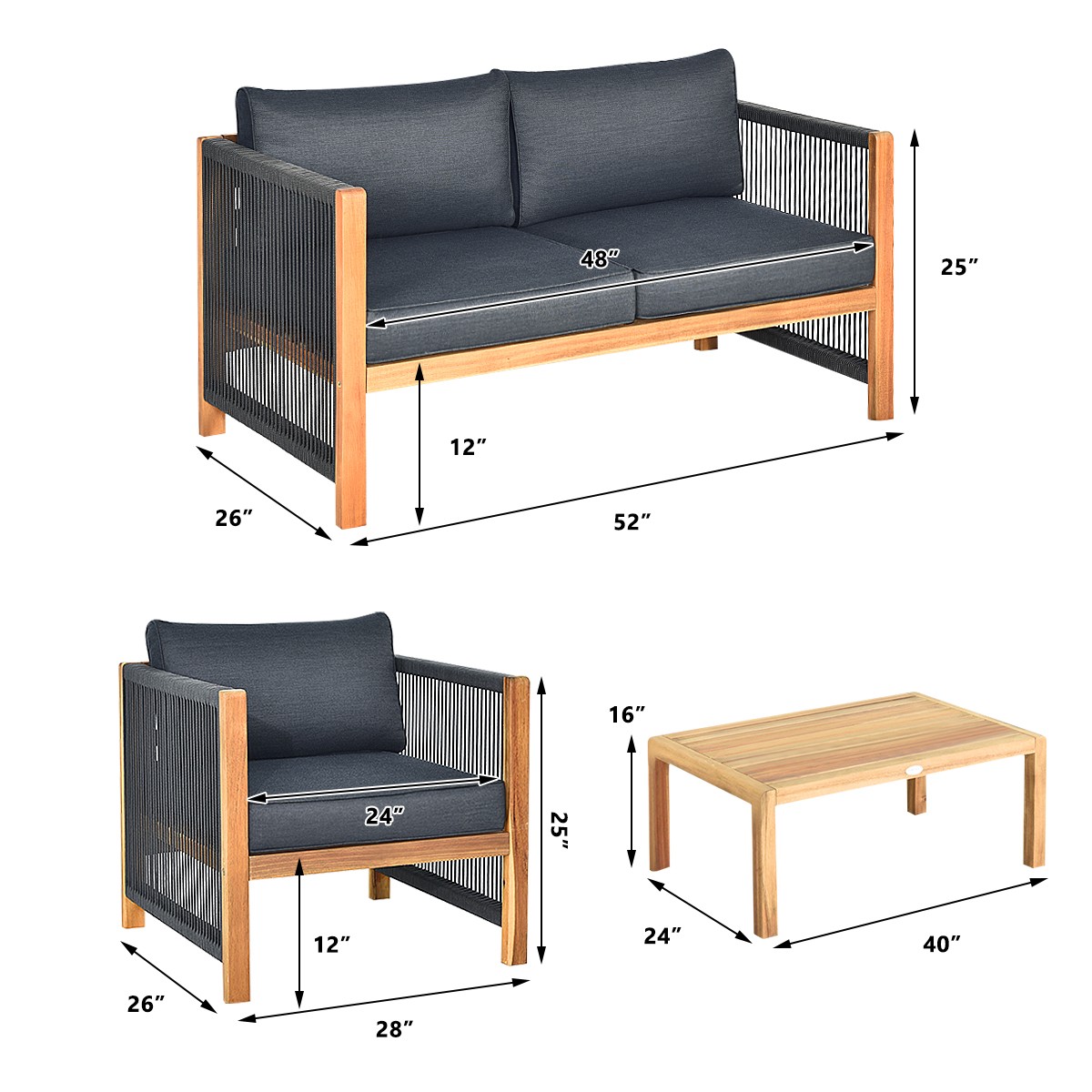 4PCS Acacia Wood Garden Patio Furniture Set Cushioned Sofa W/Nylon Rope Armrest