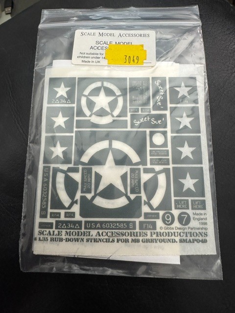 Scale Model Accessories Rub Down Stencils For MB Greyhound SMAP049 Old But New!