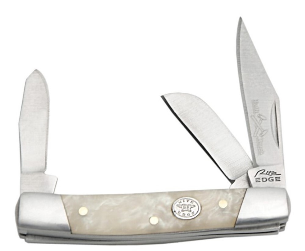Small Stockman 3 Blade Folding Pocket Knife - White Pearl Handles