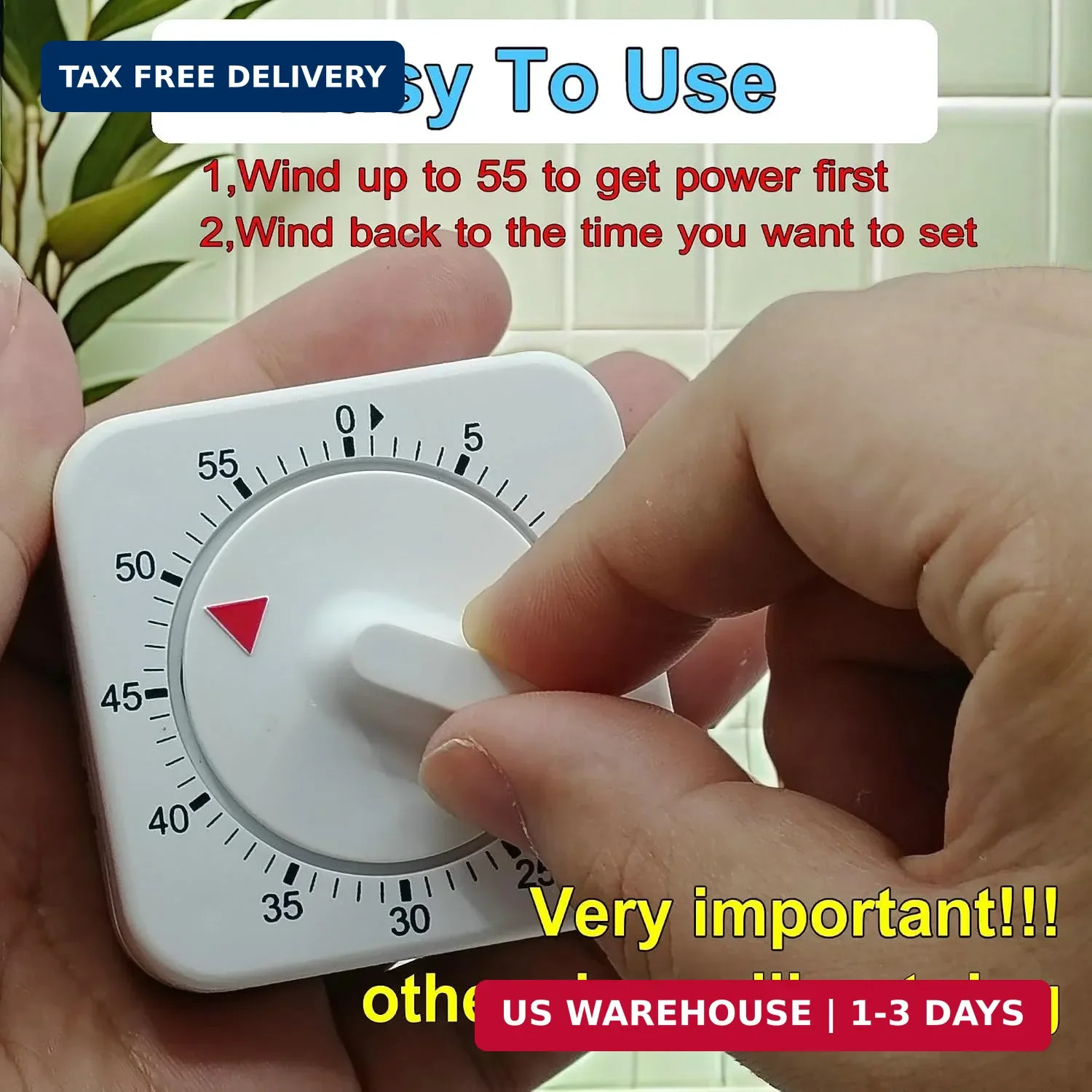 Square 60 Minute Mechanical Kitchen Timer Visual Countdown Loud Alarm White