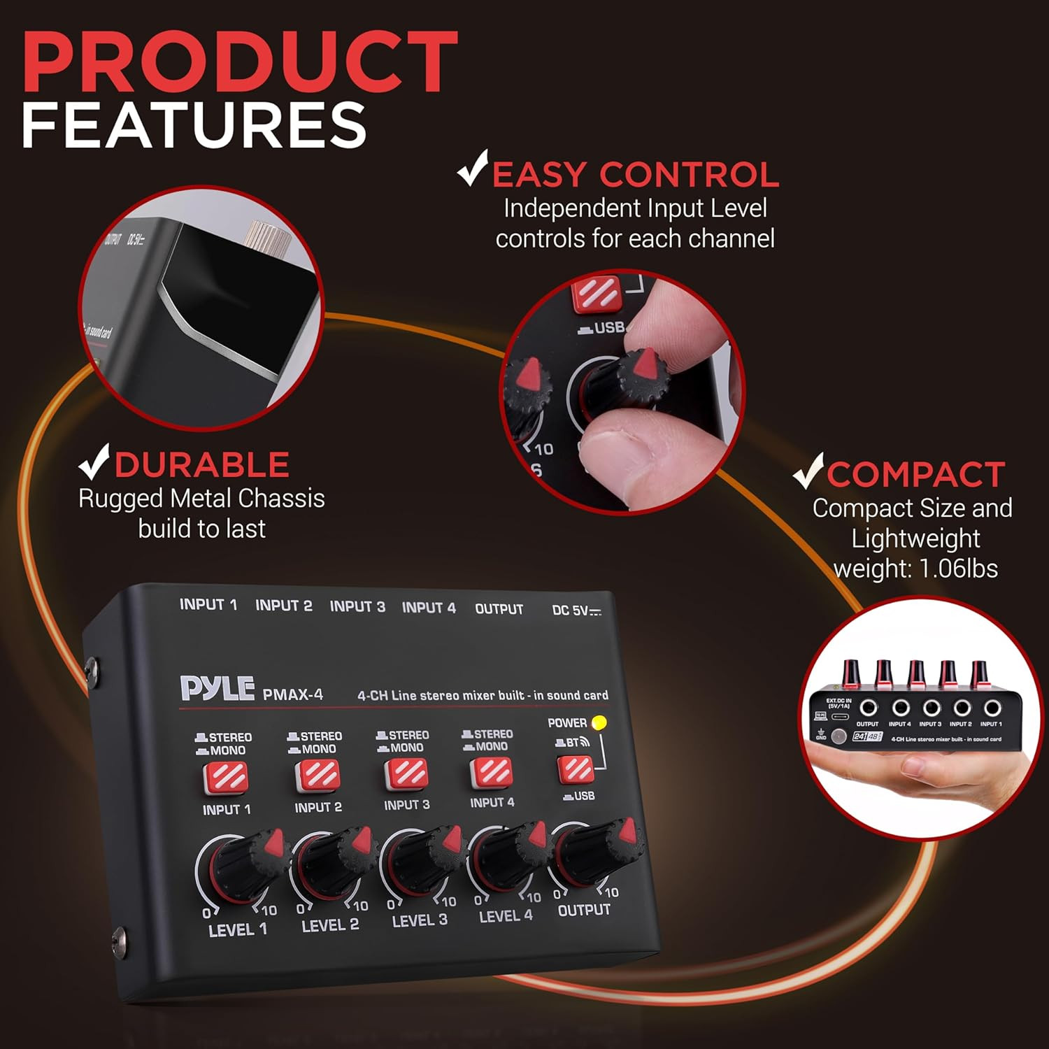 4-Channel Wireless Bluetooth 5.0 Line Mixer - USB Audio Interface - 4 Mono/Stere
