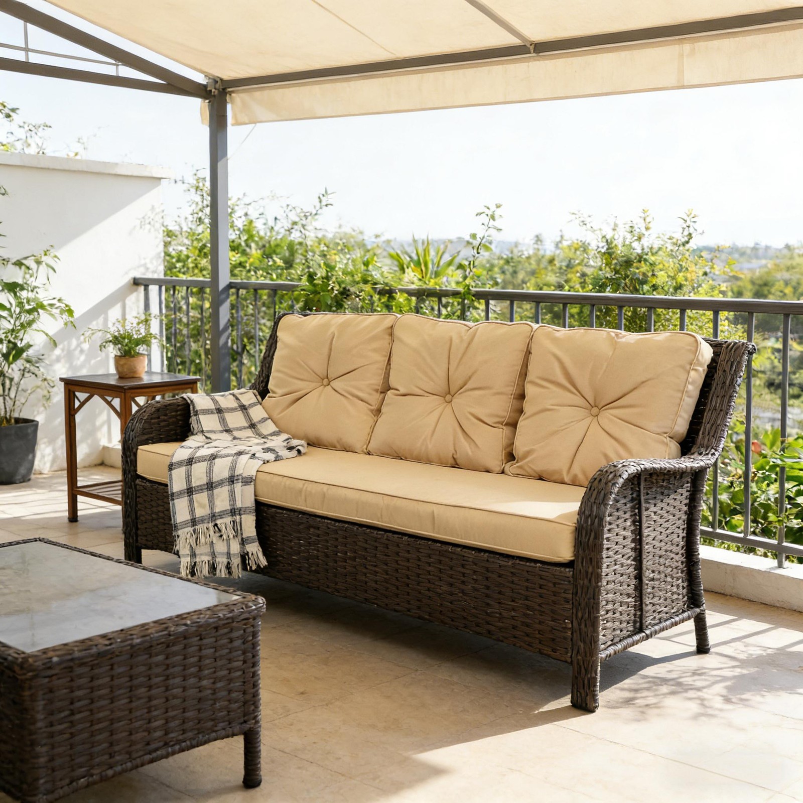 Patio Couch,Rattan Three-Seat Sofa|Beige,Brown Mix