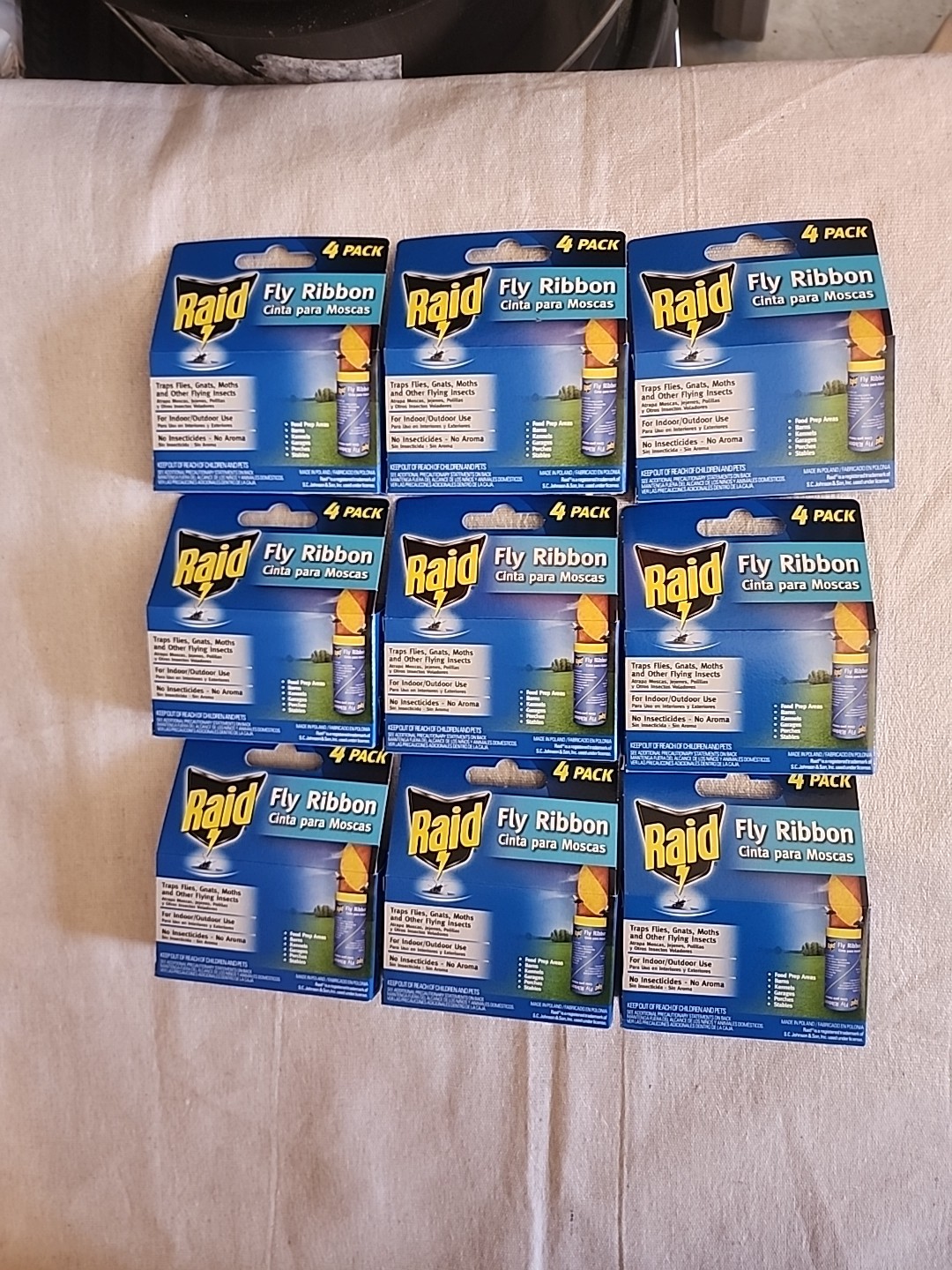 RAID Fly Ribbon Trap Flies Gnats Moths & Other Flying Insects 4 Pack - PACK OF 9