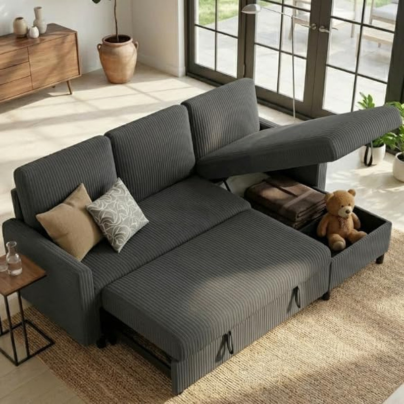 Futon Sofa Bed Convertible Couches L Shaped, 4‑In‑1 Sectional Sleeper Sofa Pull