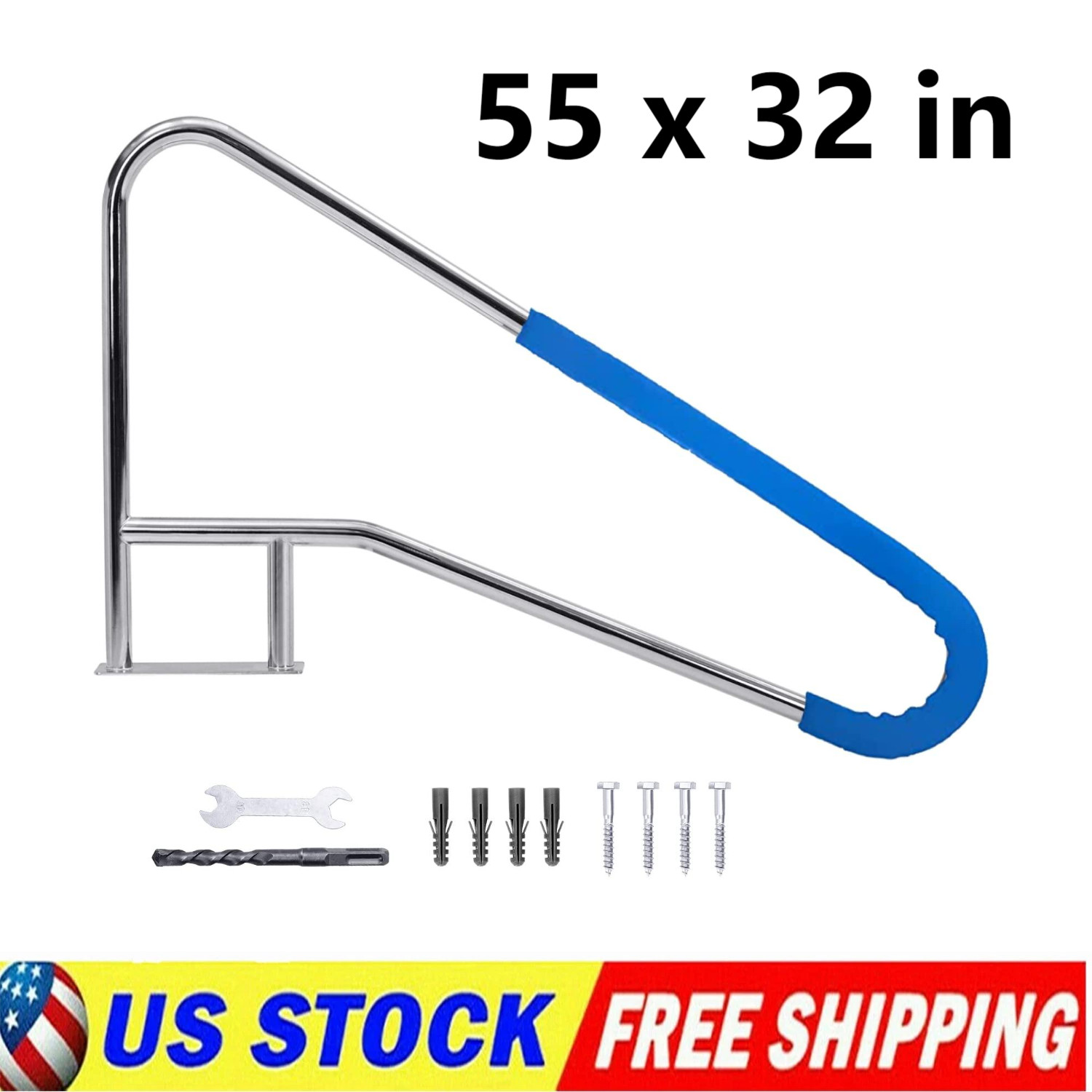 55"x32" Swimming Pool Handrail 385LBS 304 Stainless Steel Non-Slip Pool Railings