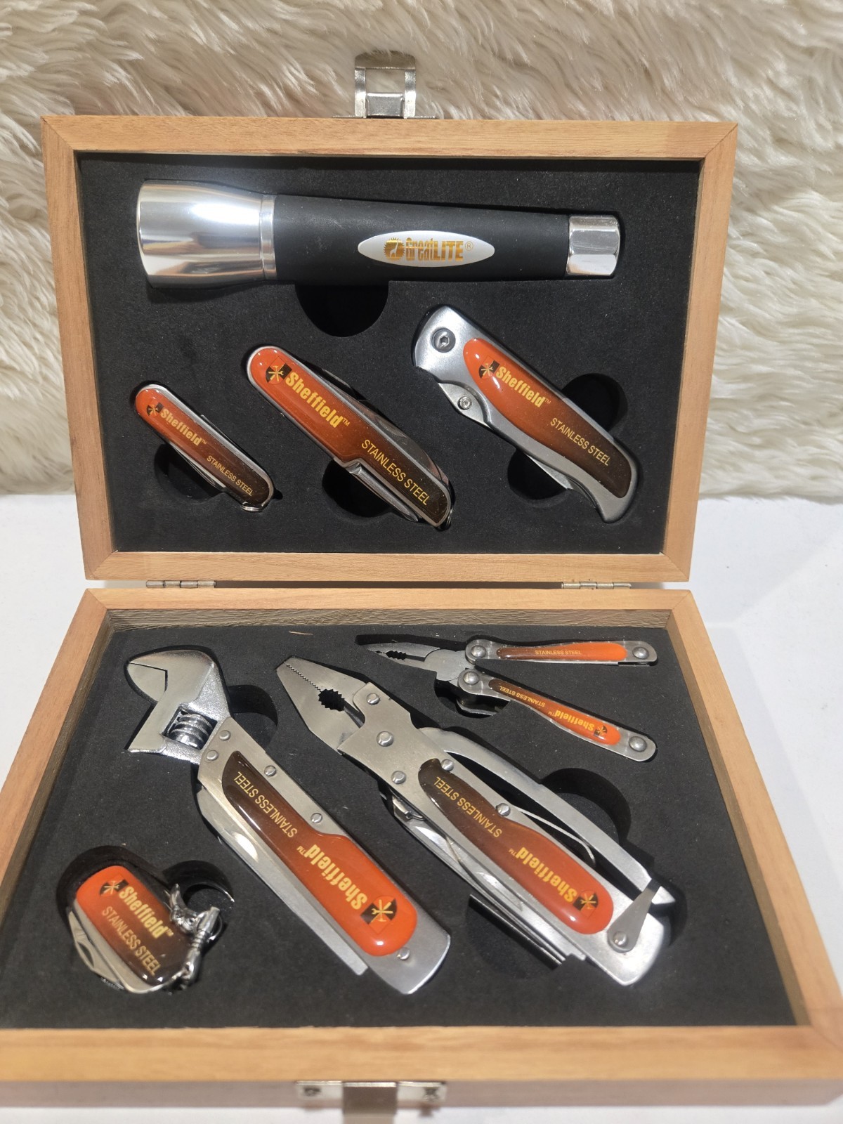 Sheffield Stainless-Steel 8-Piece Folding Multi-Tool Set in Wood Box NEW