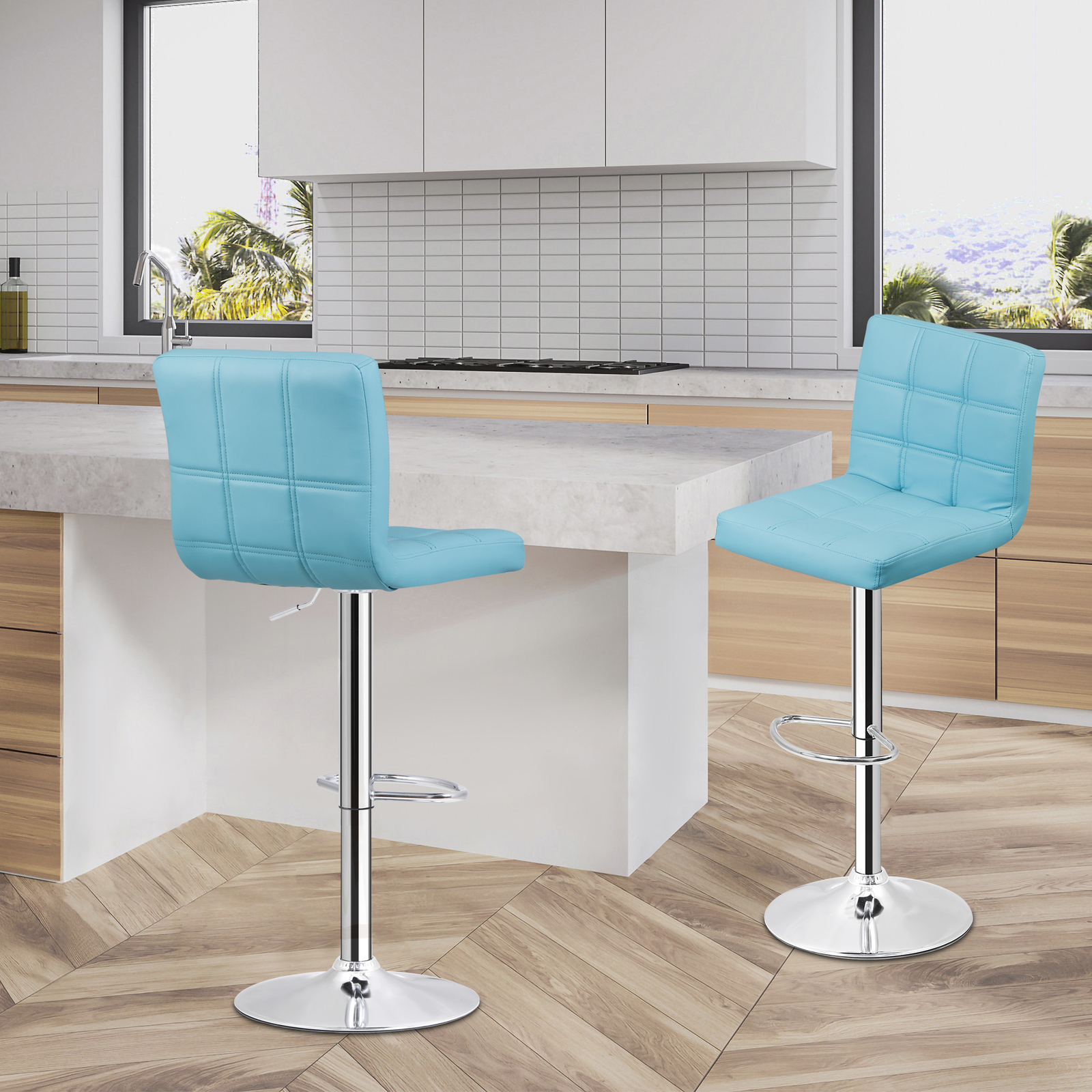 2PCS Bar Stools Blue PU Leather Height Adjustable Swivel Barstools Armless