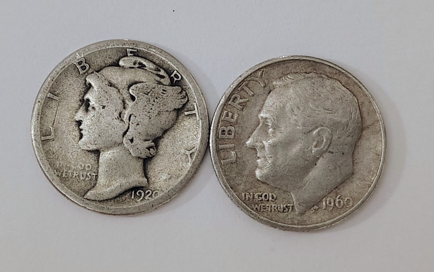 1920 P Mercury 1960 P Roosevelt Dime 90 % Silver 10 Cents 2 COIN Lot.  Lot #M21