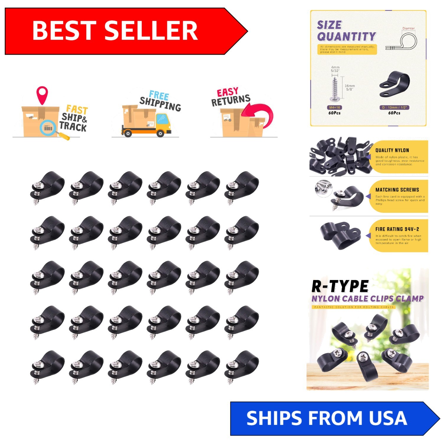 Durable 1/2 Inch Nylon Wire Clips Set of 60 - Easy Install with Screws Included