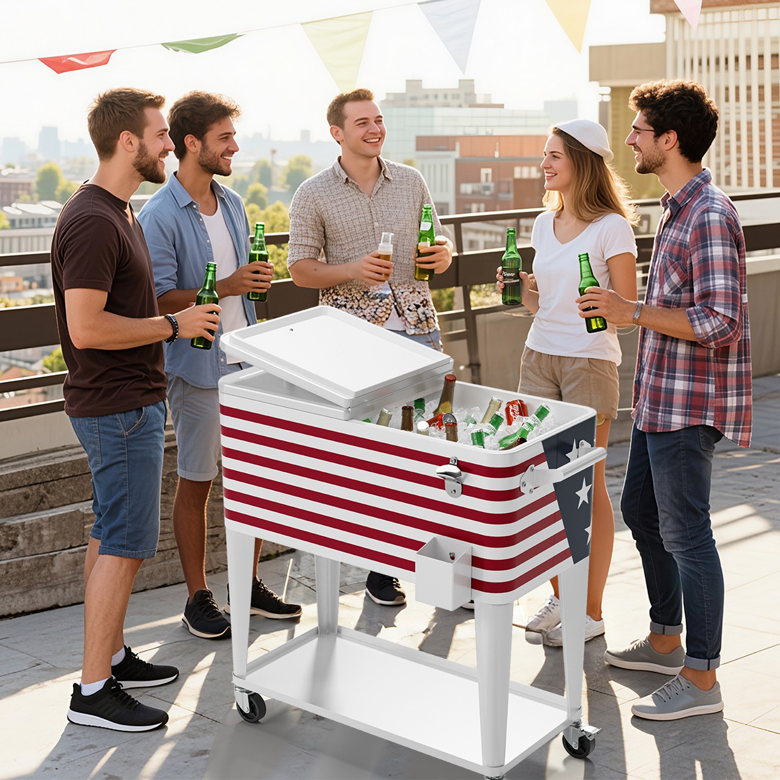 80QT Rolling Party Iron Cooler Cart Ice Bee Chest w/ Wheels, Shelf for Picnic