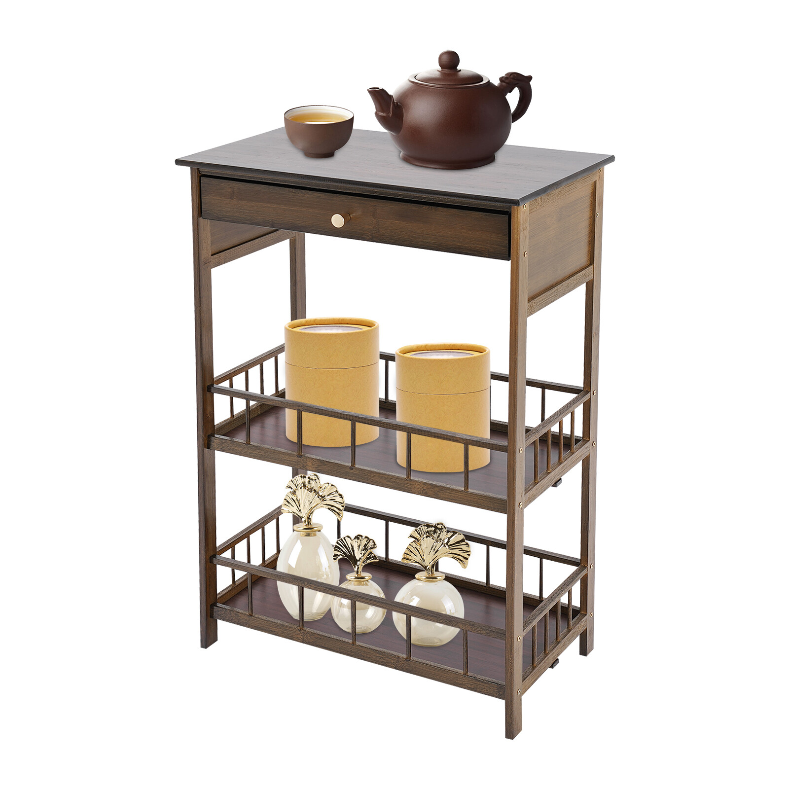 3 Tiers Side Table Side Table with Storage Drawer Bamboo End Table Tea Table